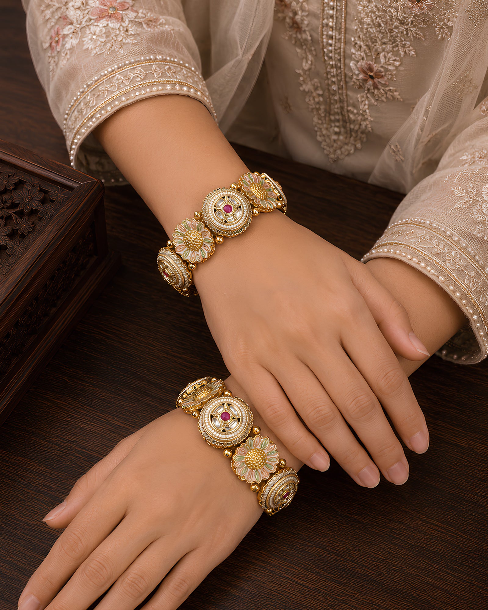 Floral Enamel & Kundan Statement Bangles