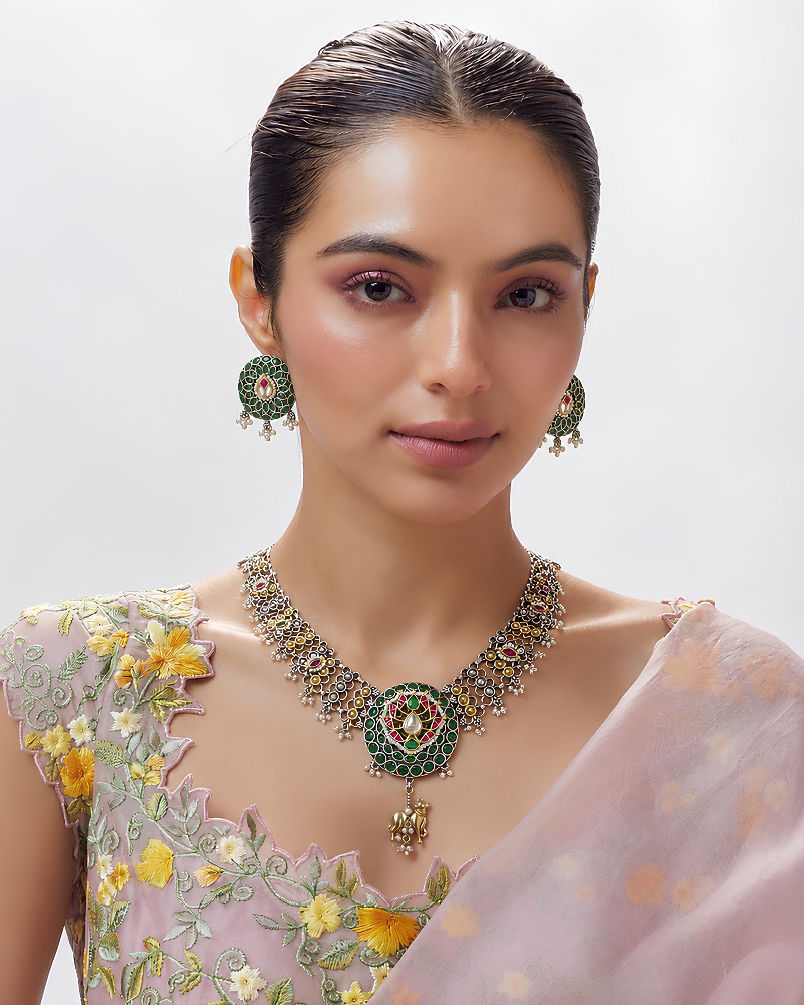 Floral Enamel & Oxidized Silver Statement Necklace