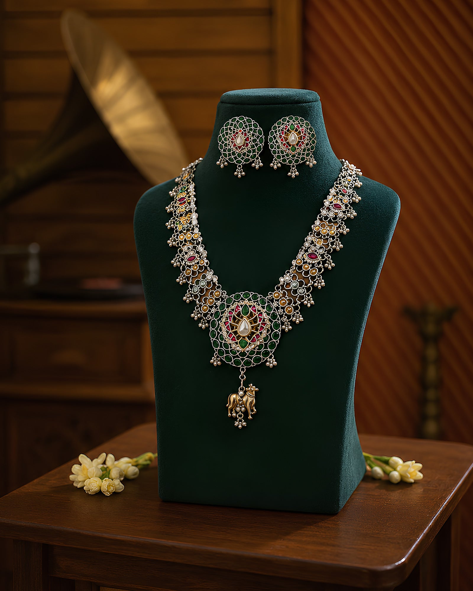 Floral Enamel & Oxidized Silver Statement Necklace