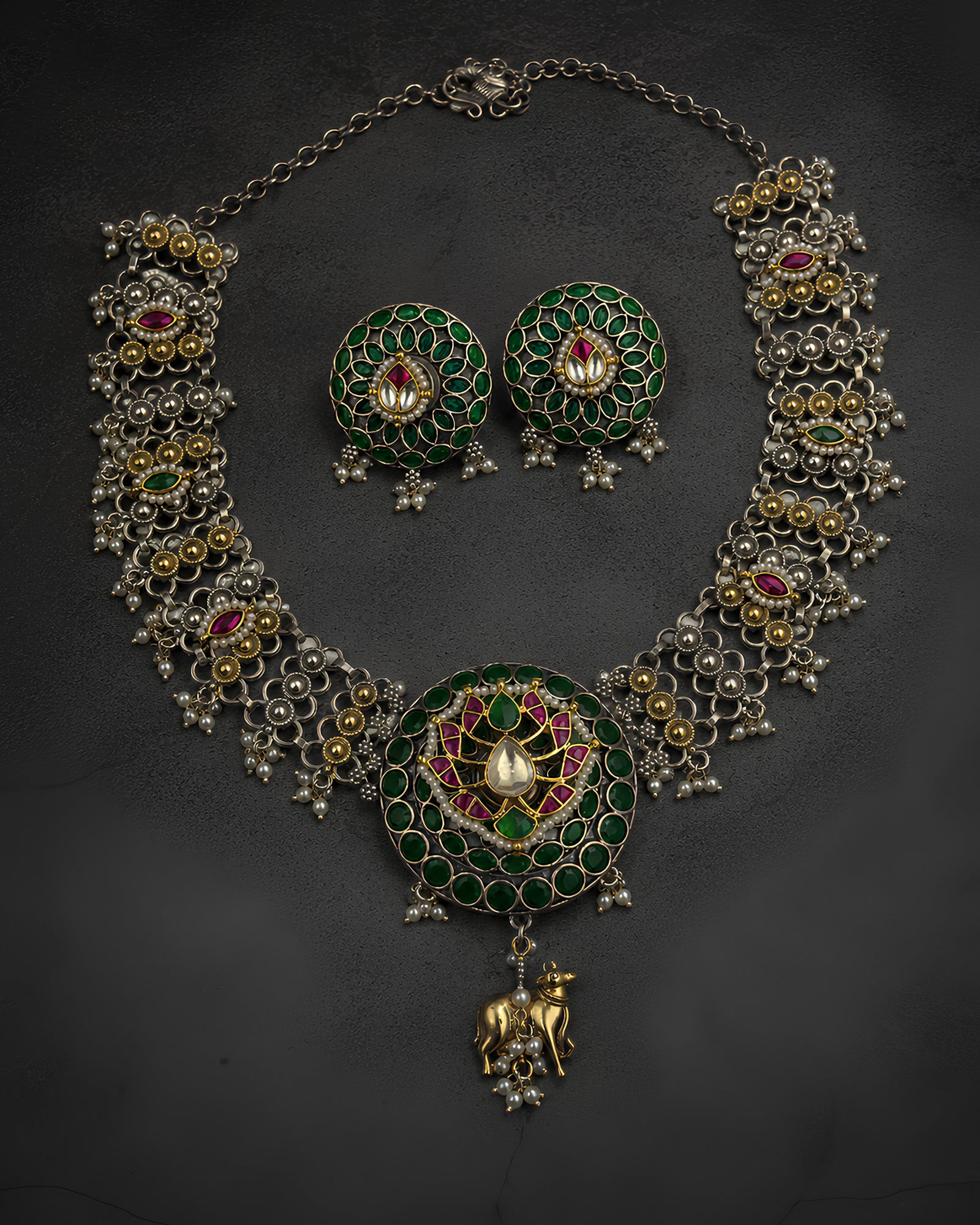 Floral Enamel & Oxidized Silver Statement Necklace
