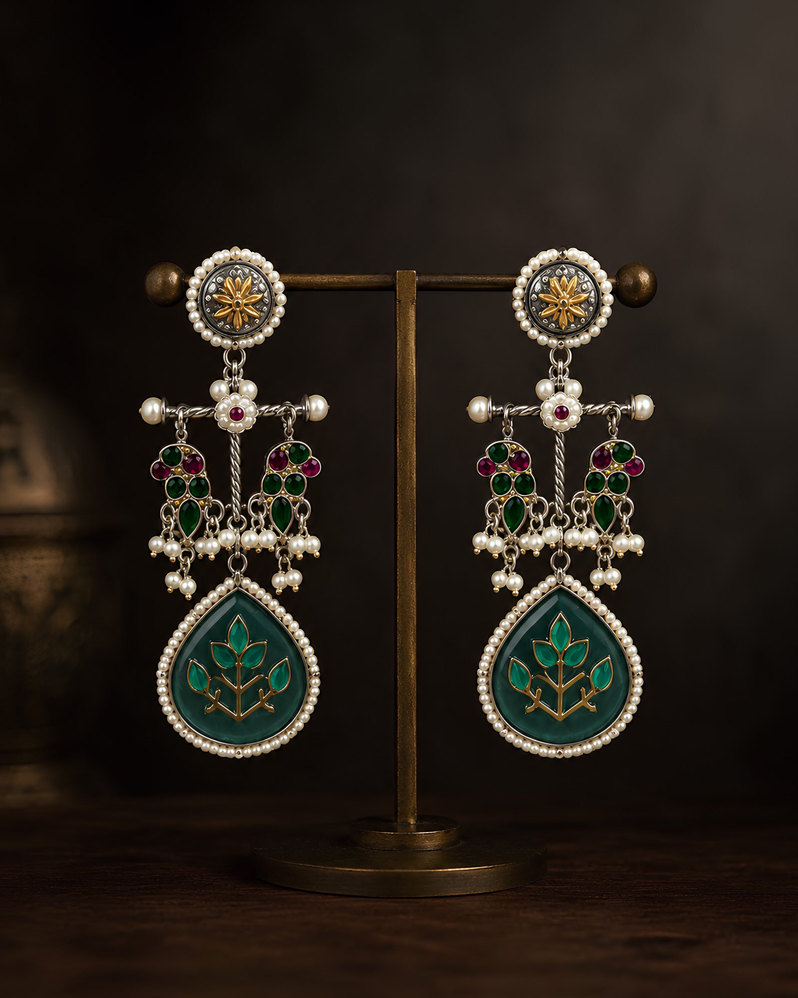 Floral Enamel & Pearl Dangle Earrings