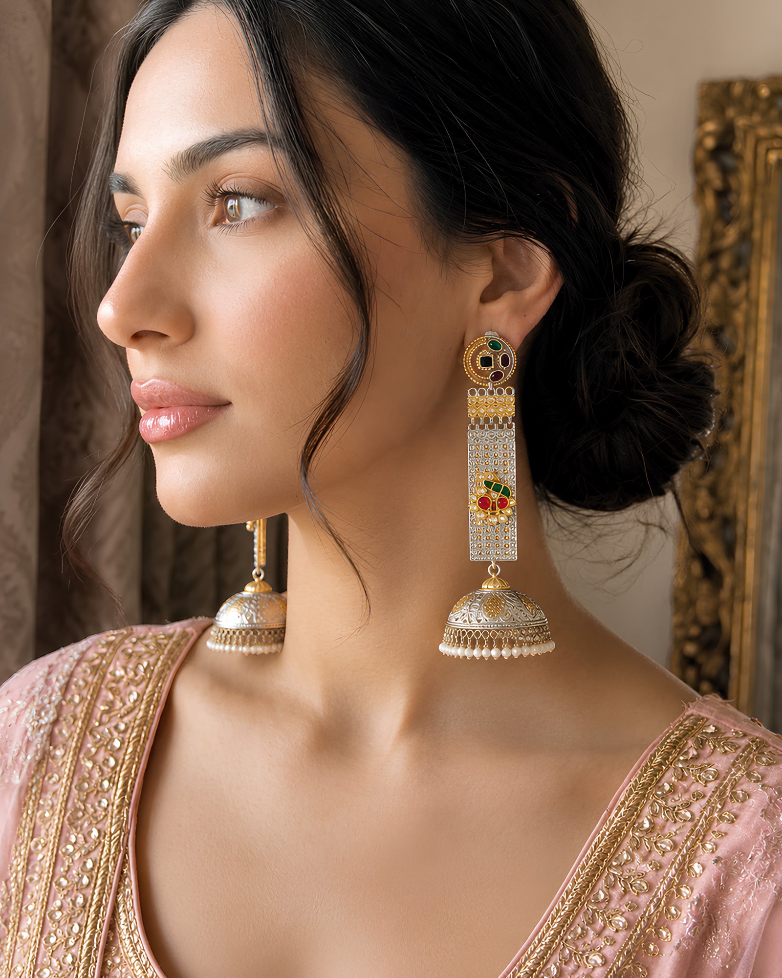 Floral Enamel Bar Jhumka Earrings