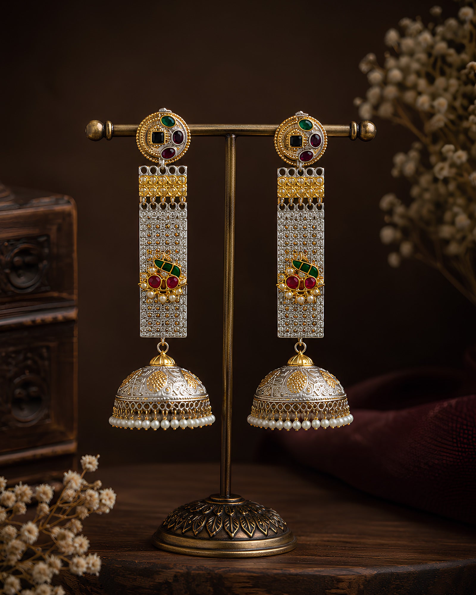 Floral Enamel Bar Jhumka Earrings
