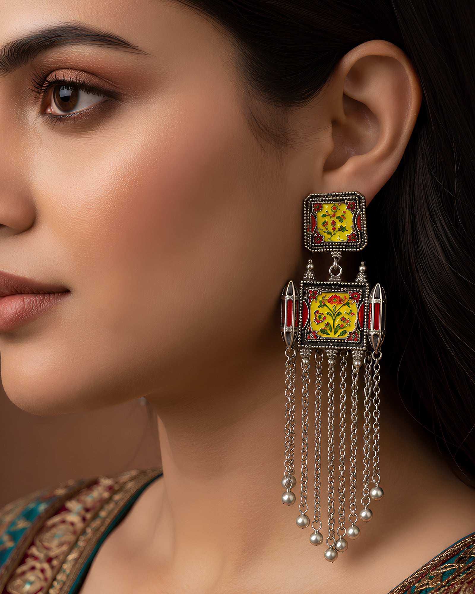 Floral Enamel Square Statement Earrings
