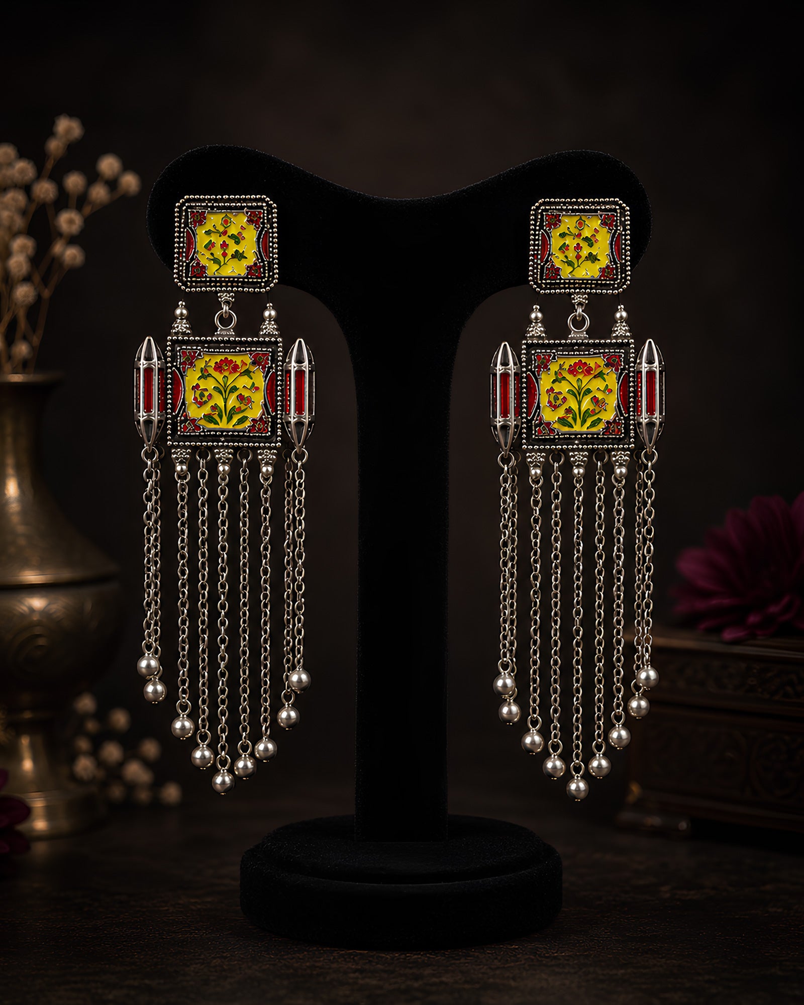 Floral Enamel Square Statement Earrings