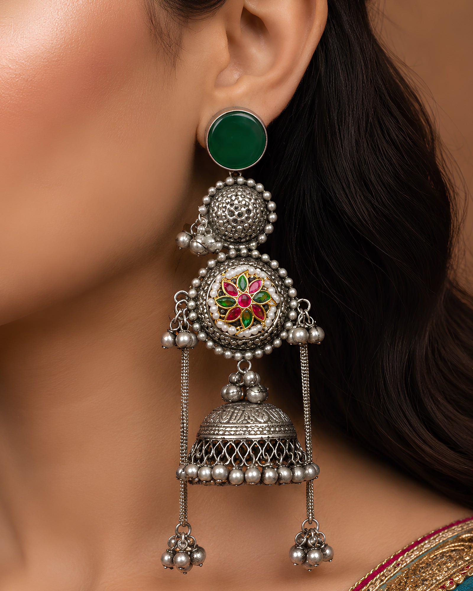Floral Enamel Stone Stud Jhumka Earrings