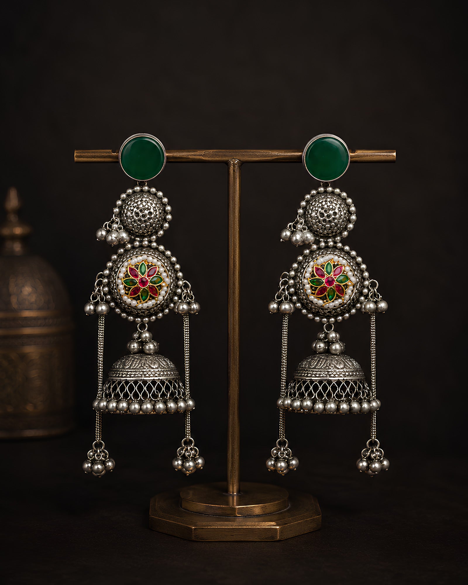 Floral Enamel Stone Stud Jhumka Earrings