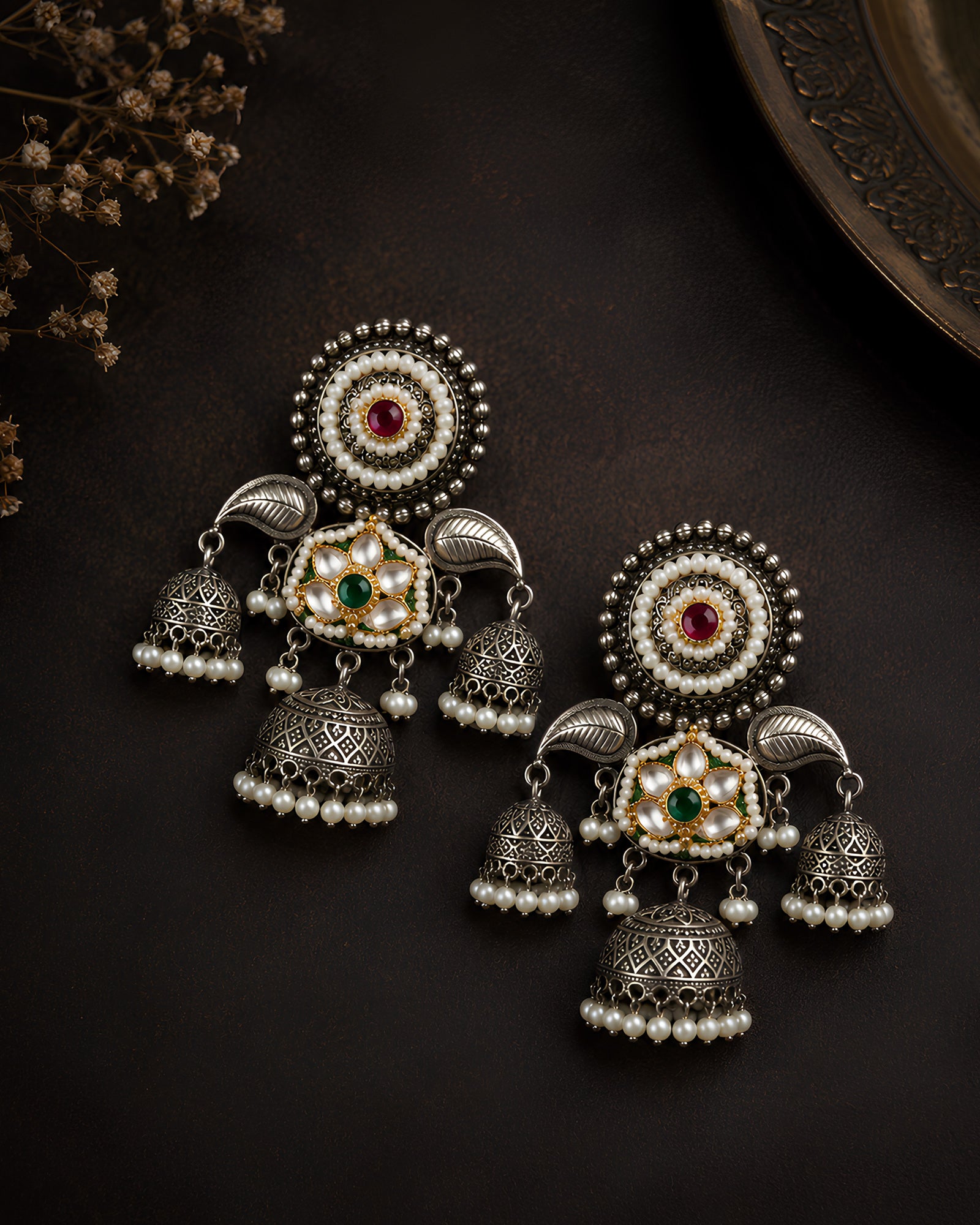 Floral Filigree Multi-Jhumka Statement Earrings
