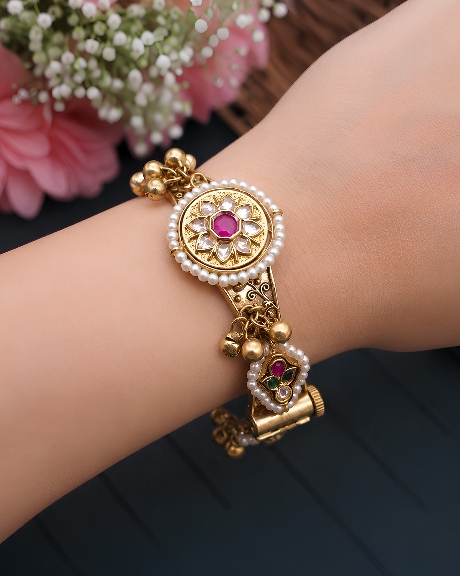 Floral Kundan & Pearl Hinged Kada