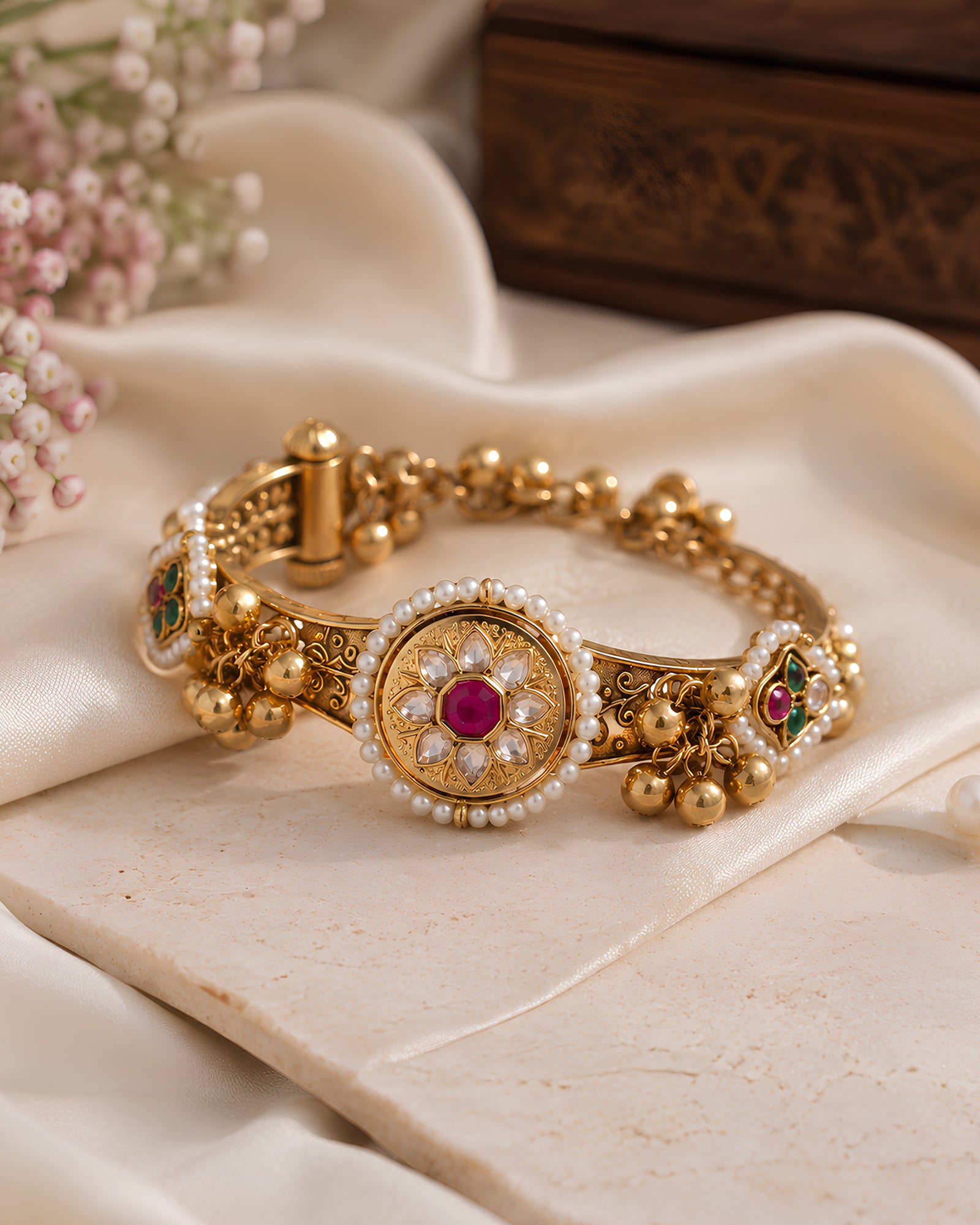 Floral Kundan & Pearl Hinged Kada