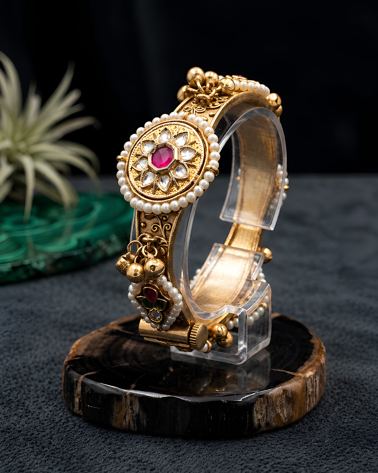 Floral Kundan & Pearl Hinged Kada