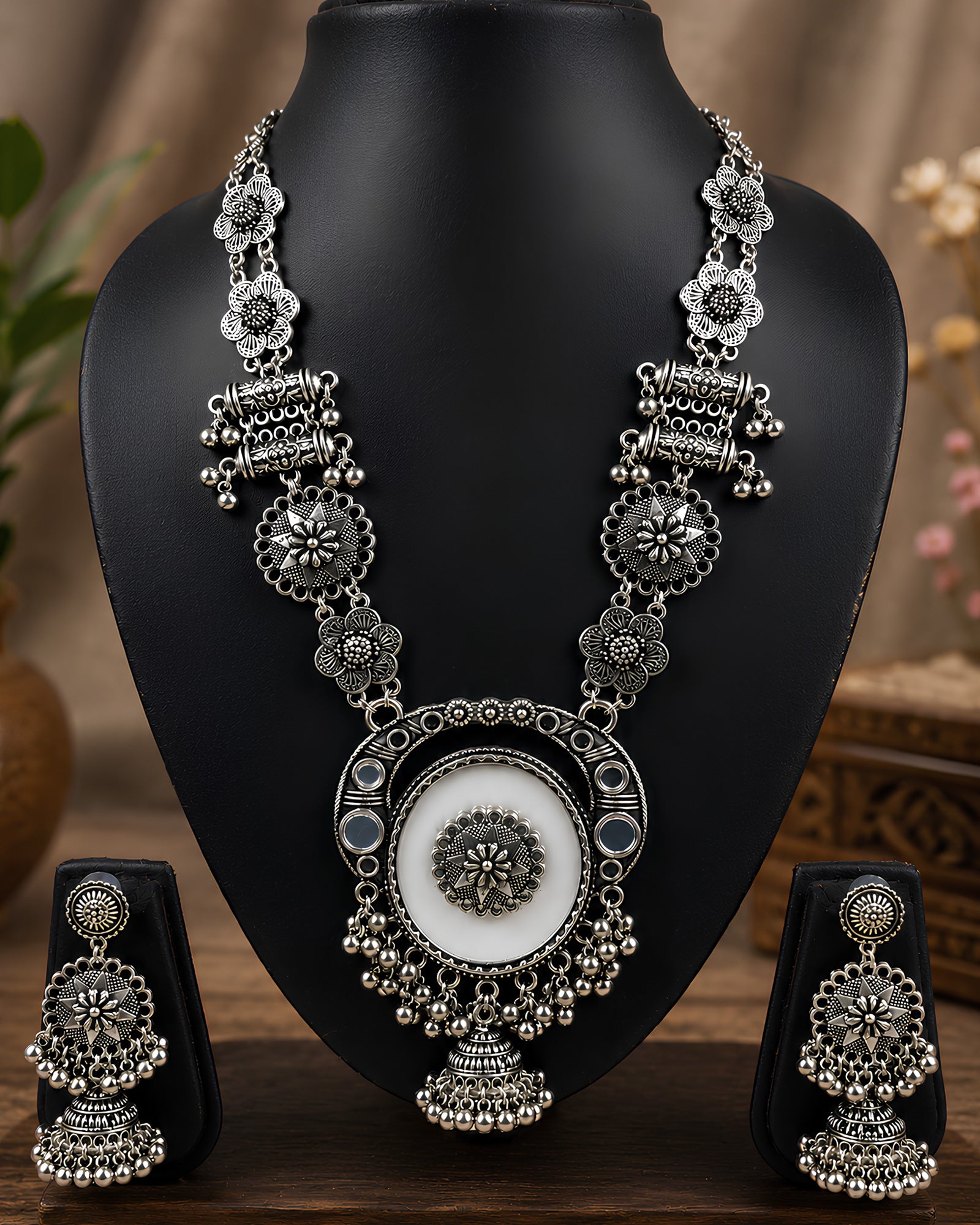 Floral Link & Enamel Disk Statement Necklace