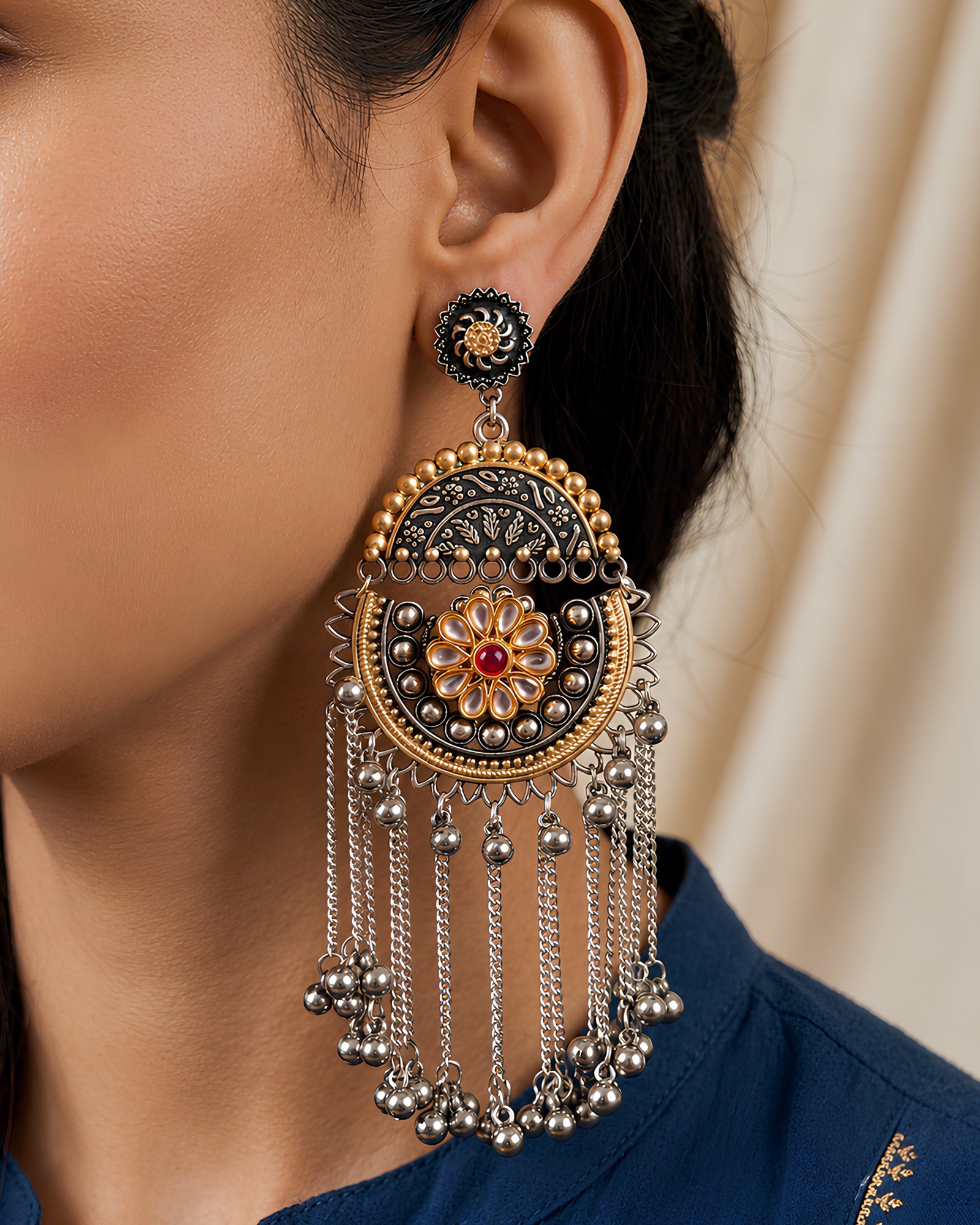 Floral Medallion Tassel Statement Earrings