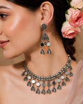 Floral Mirror & Leaf-Fringed Oxidized Choker Necklace
