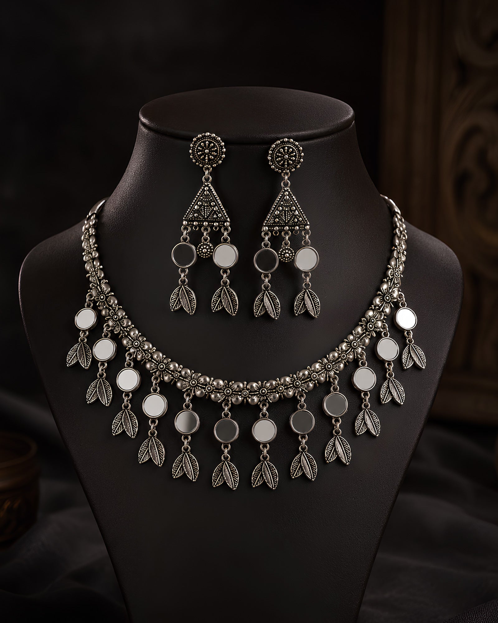 Floral Mirror & Leaf-Fringed Oxidized Choker Necklace