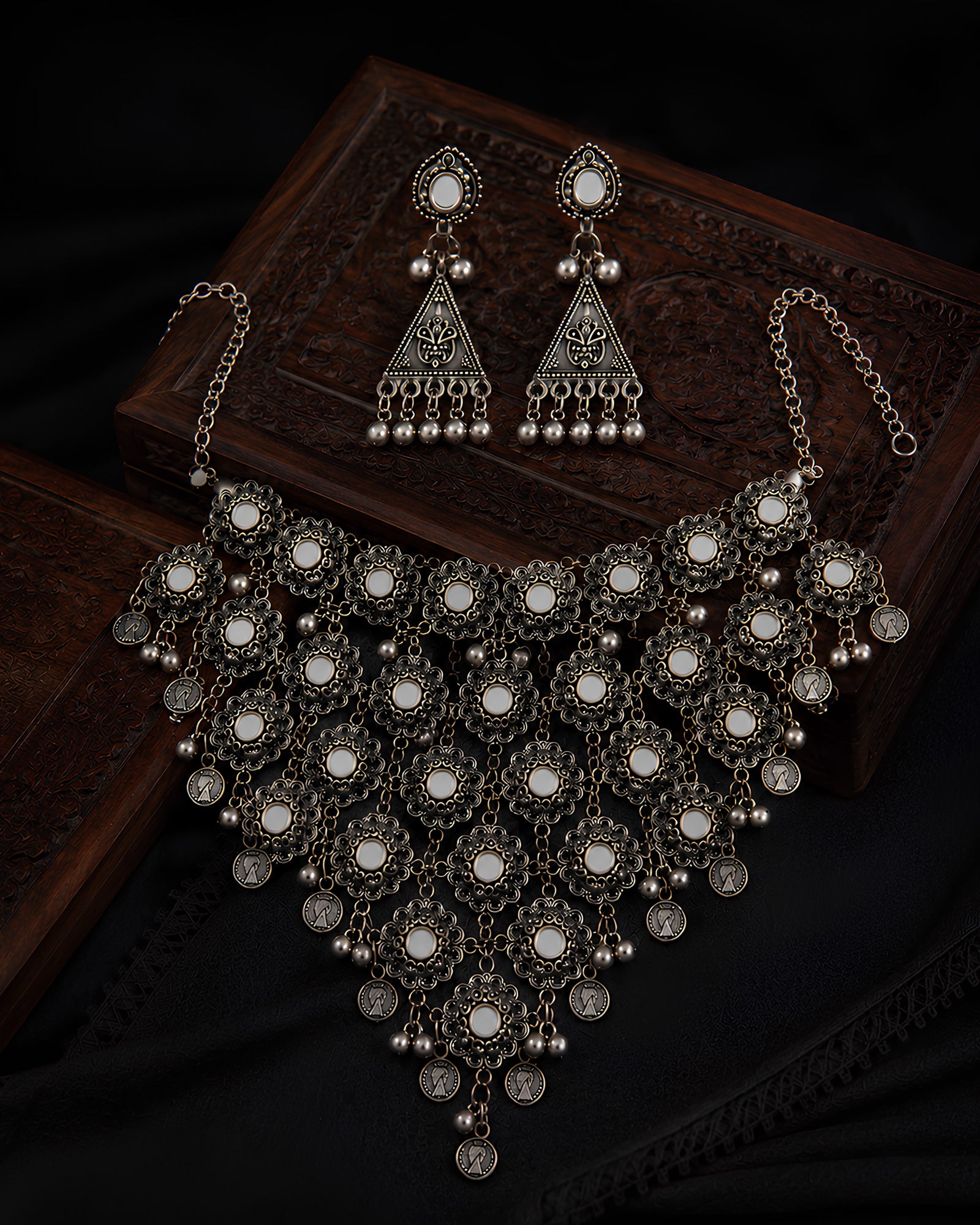 Floral Mirror-Work Oxidized Statement Necklace