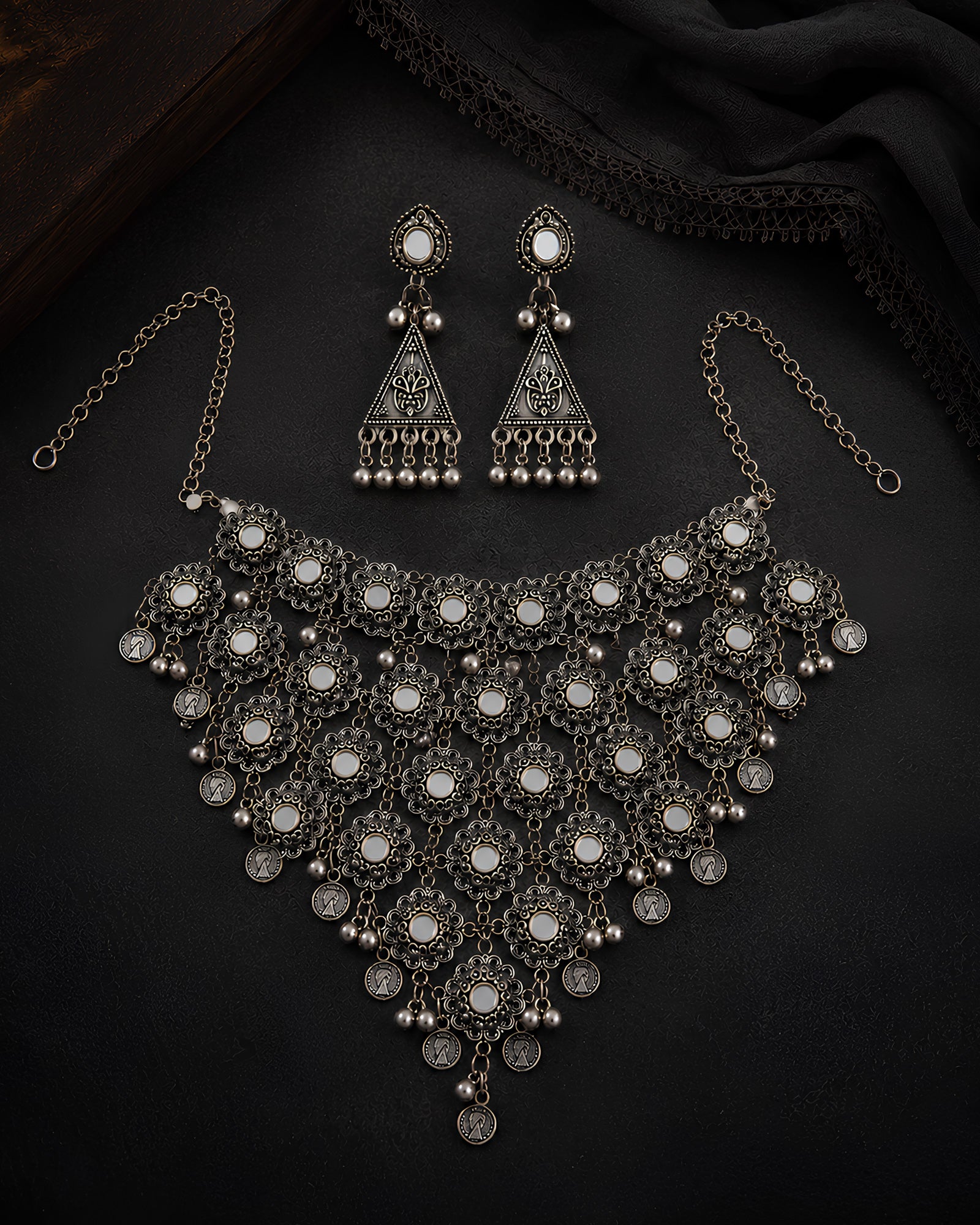 Floral Mirror-Work Oxidized Statement Necklace