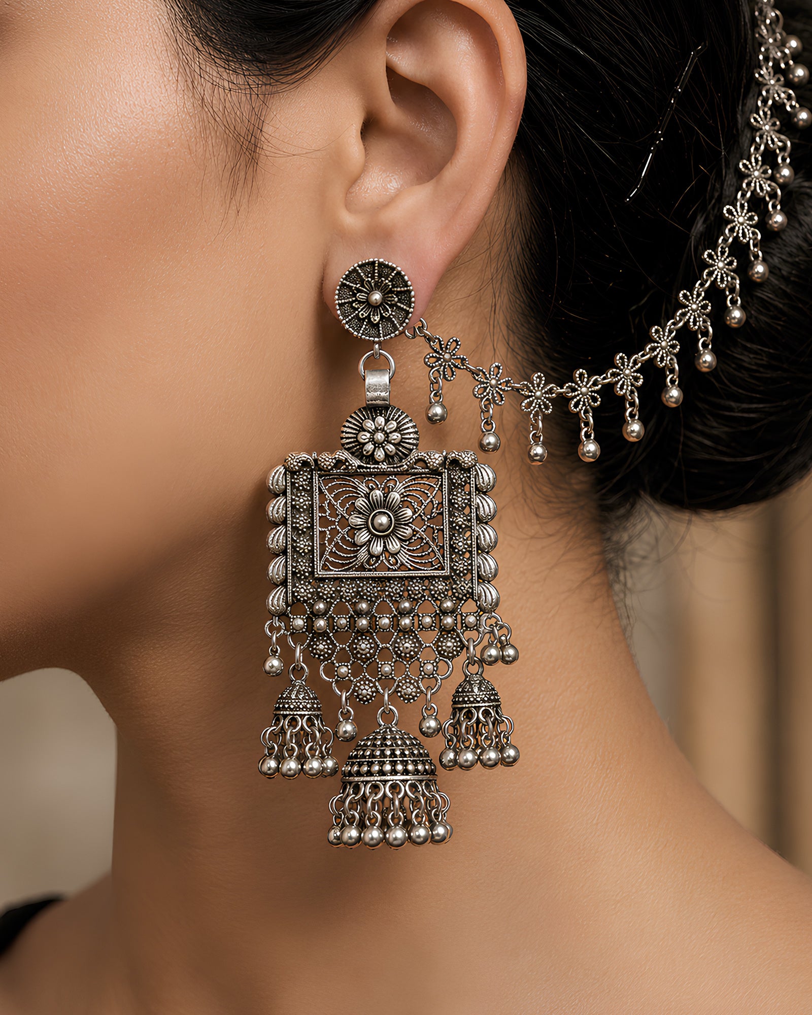 Floral Square Filigree Bahubali Jhumka Earrings