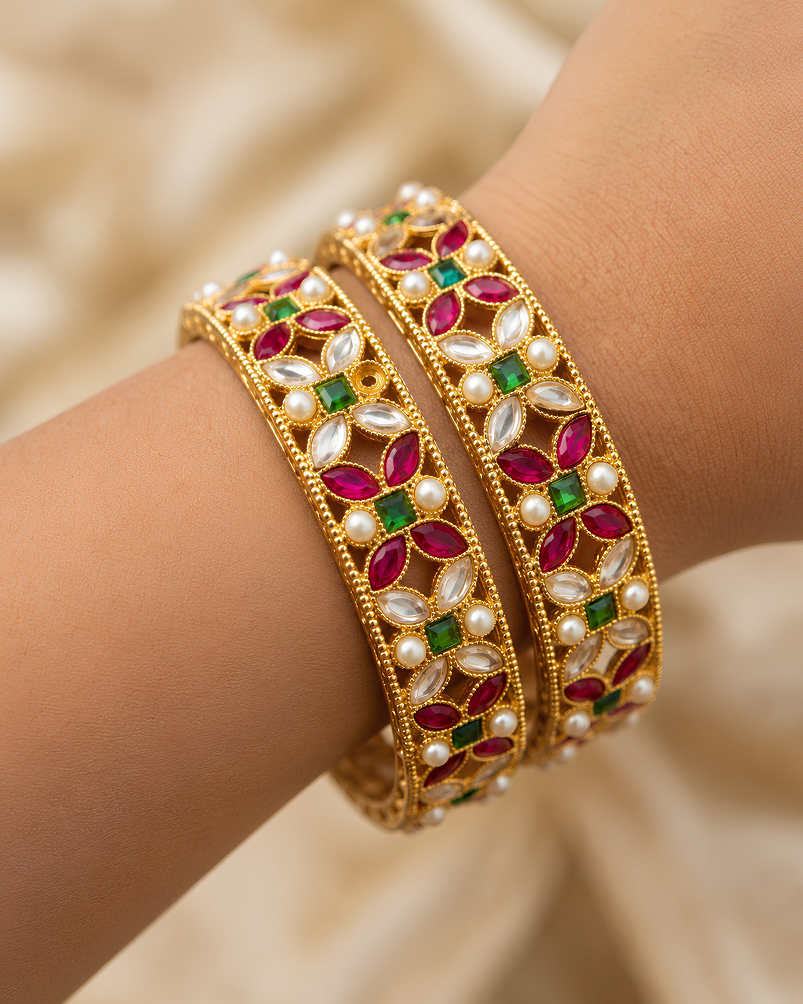 Floral Stone-Studded Gold-Tone Bangles