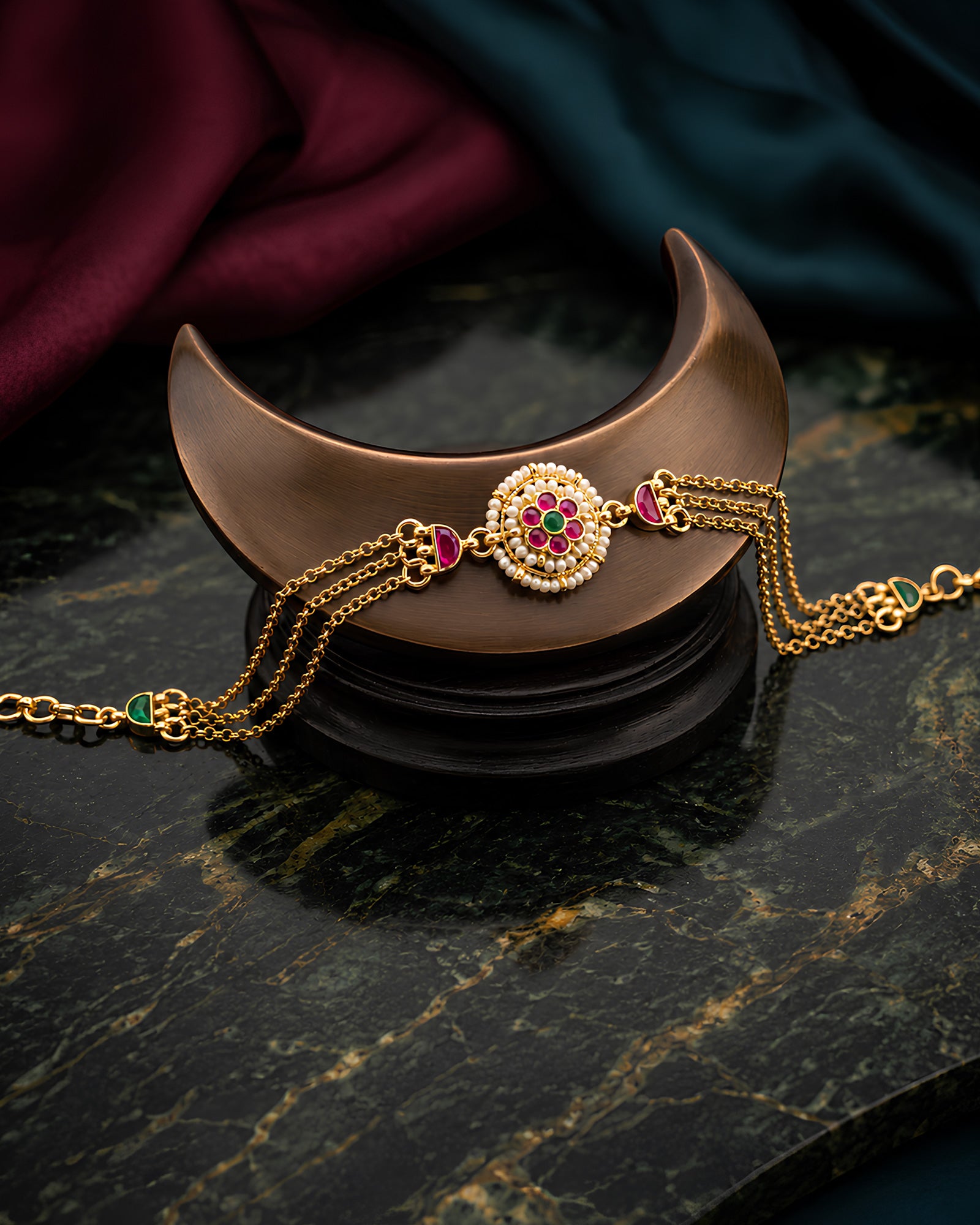 Floral Stone-Studded Multi-Chain Bracelet