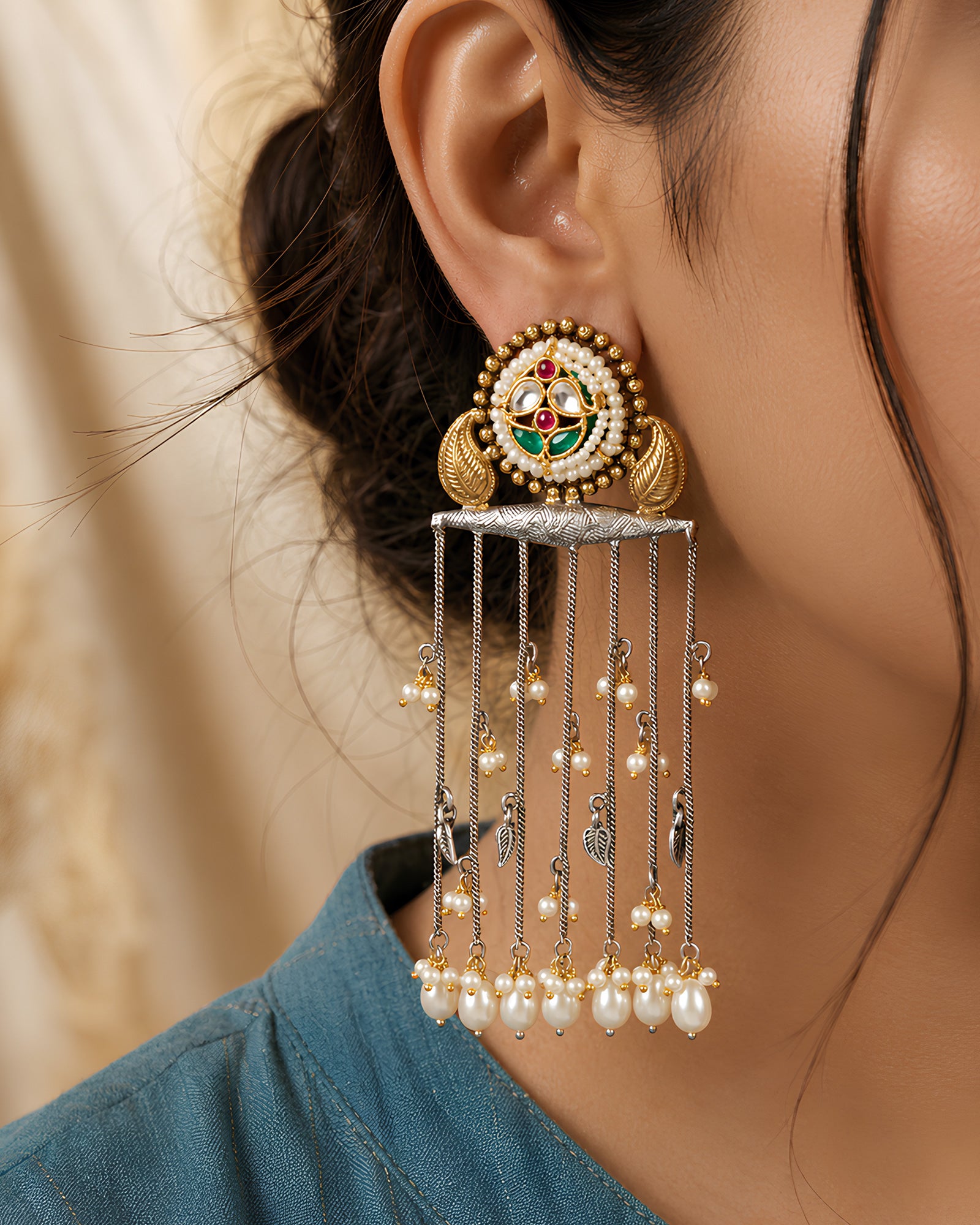 Floral Stud & Cascading Chain Tassel Earrings