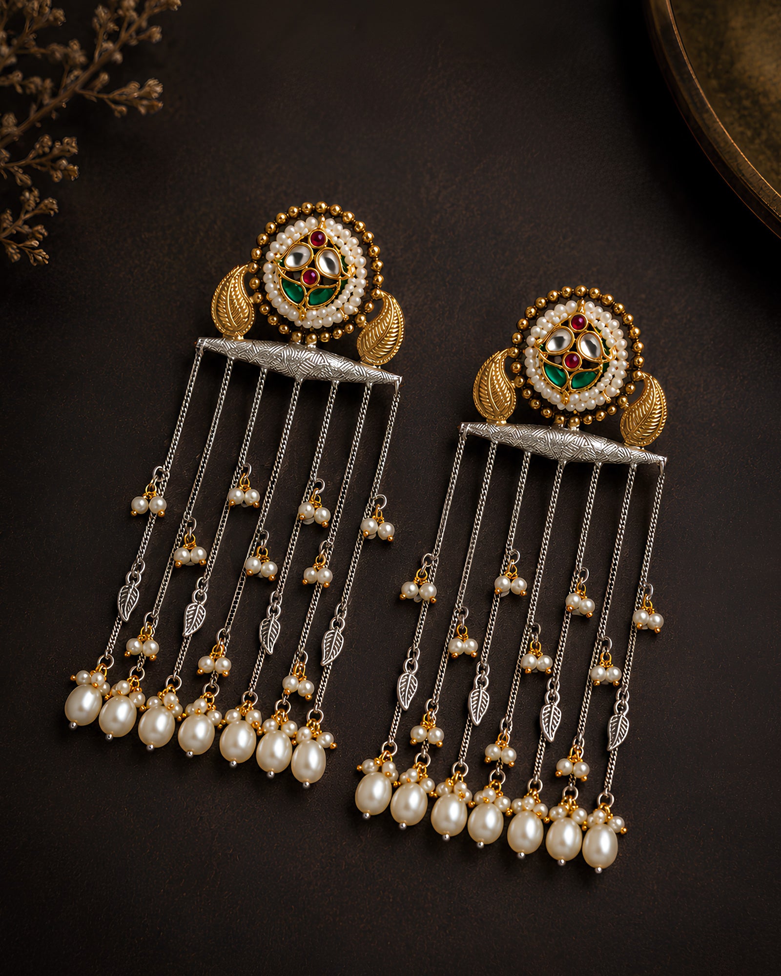 Floral Stud & Cascading Chain Tassel Earrings