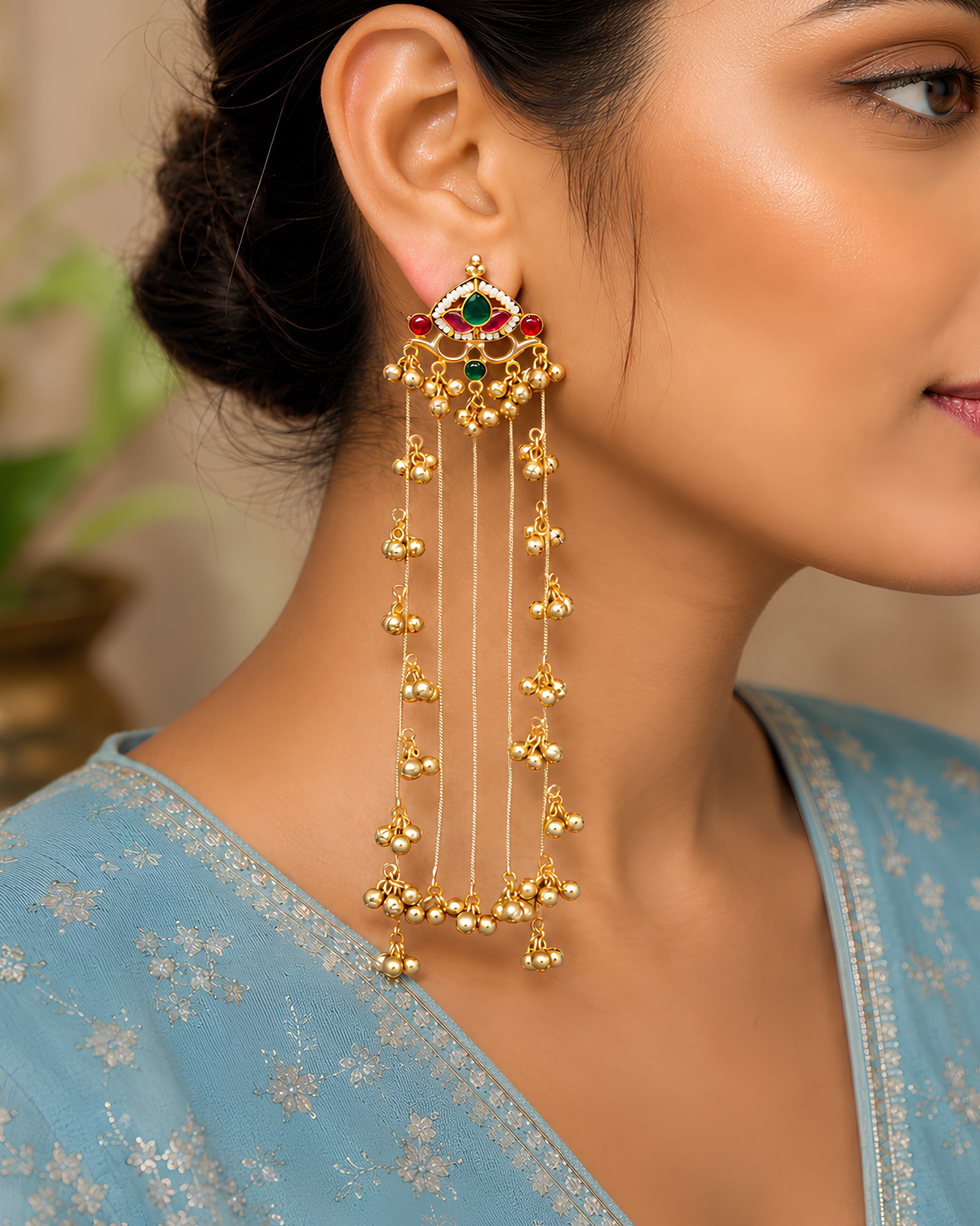 Gem-Adorned Long Cascading Bead Chain Earrings