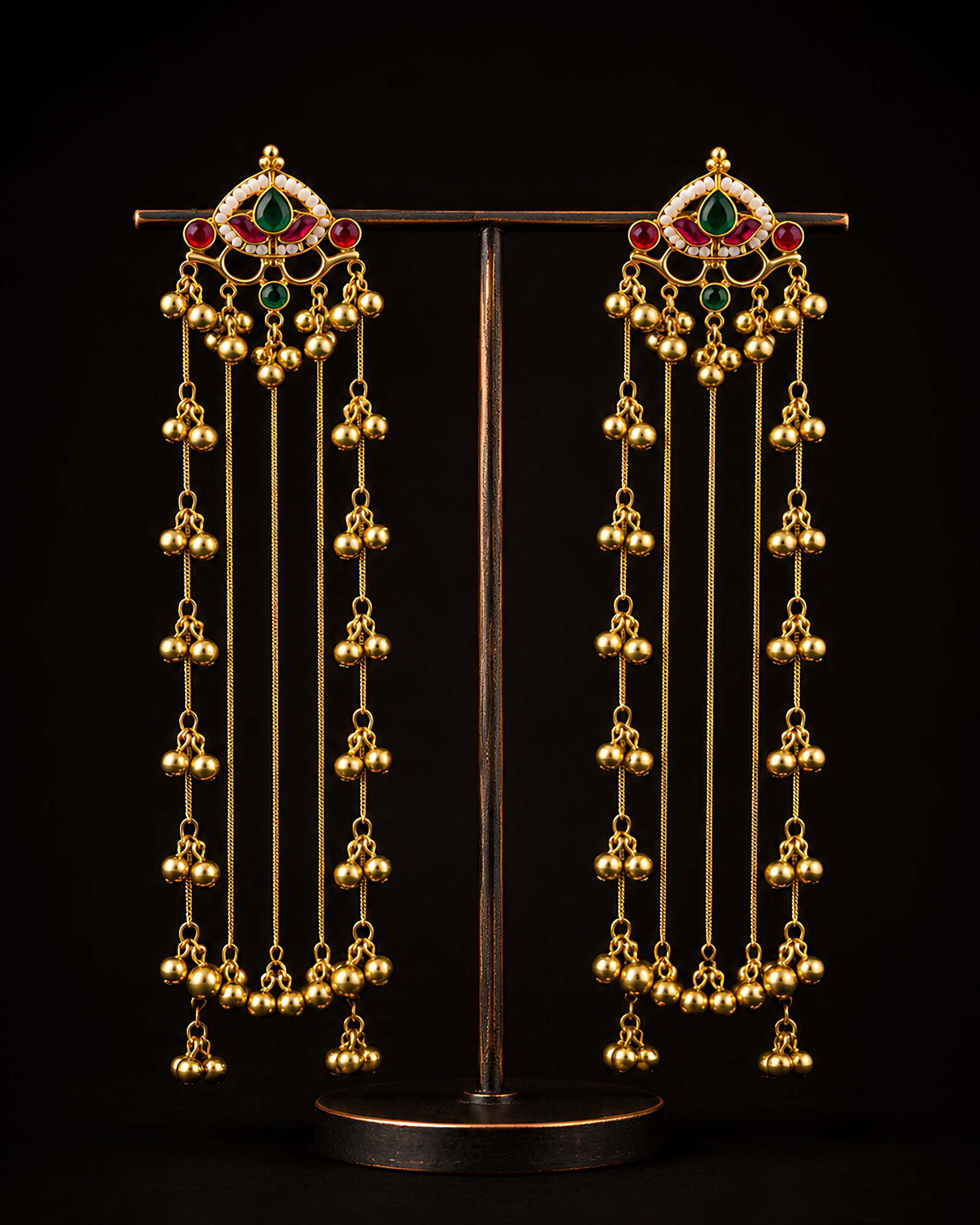 Gem-Adorned Long Cascading Bead Chain Earrings