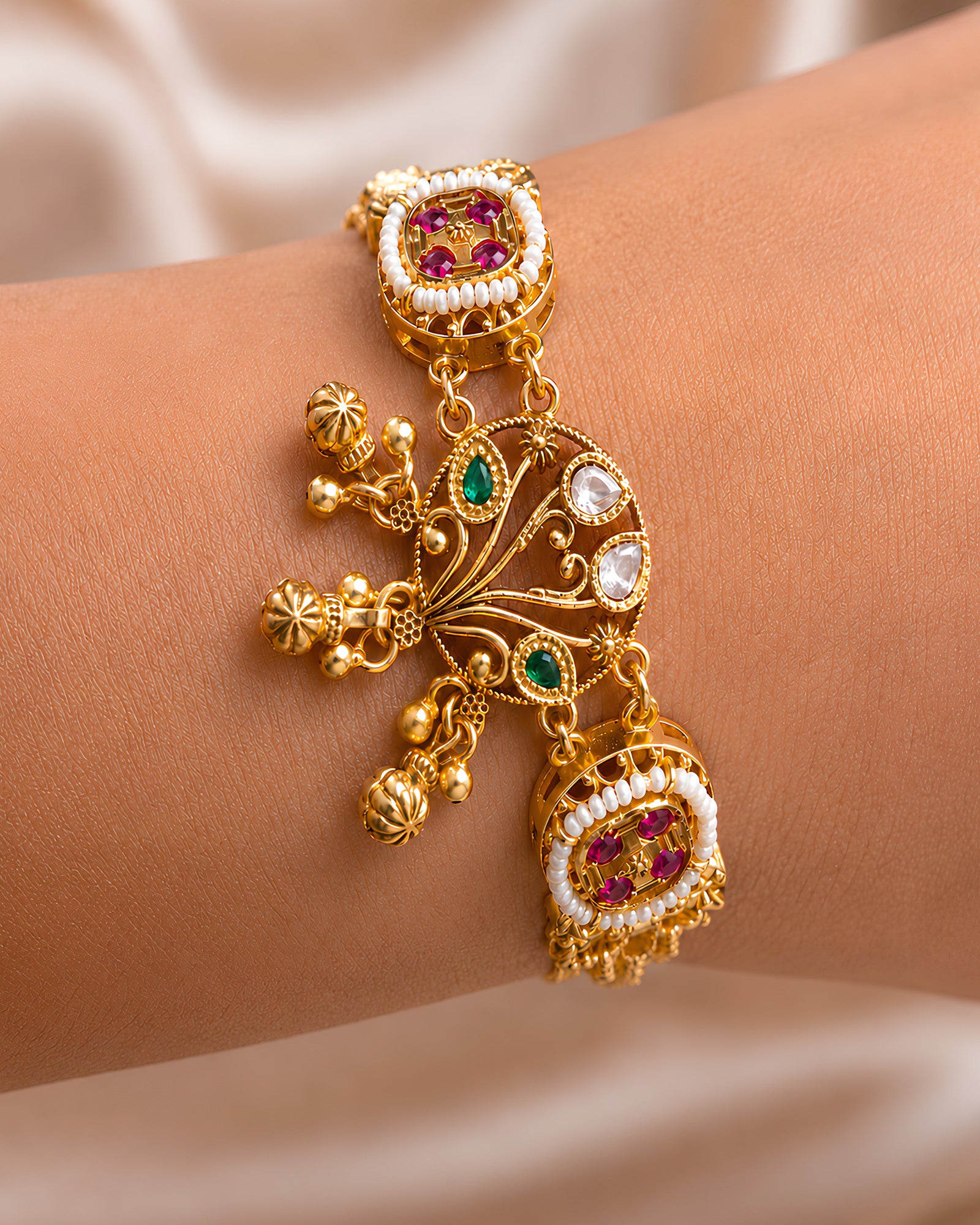 Gemstone & Pearl-Embellished Gold-Plated Bracelet