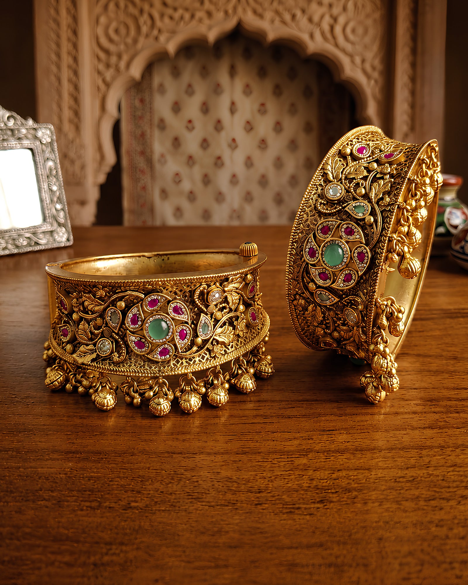 Gemstone-Embedded Floral Gold-Plated Kada