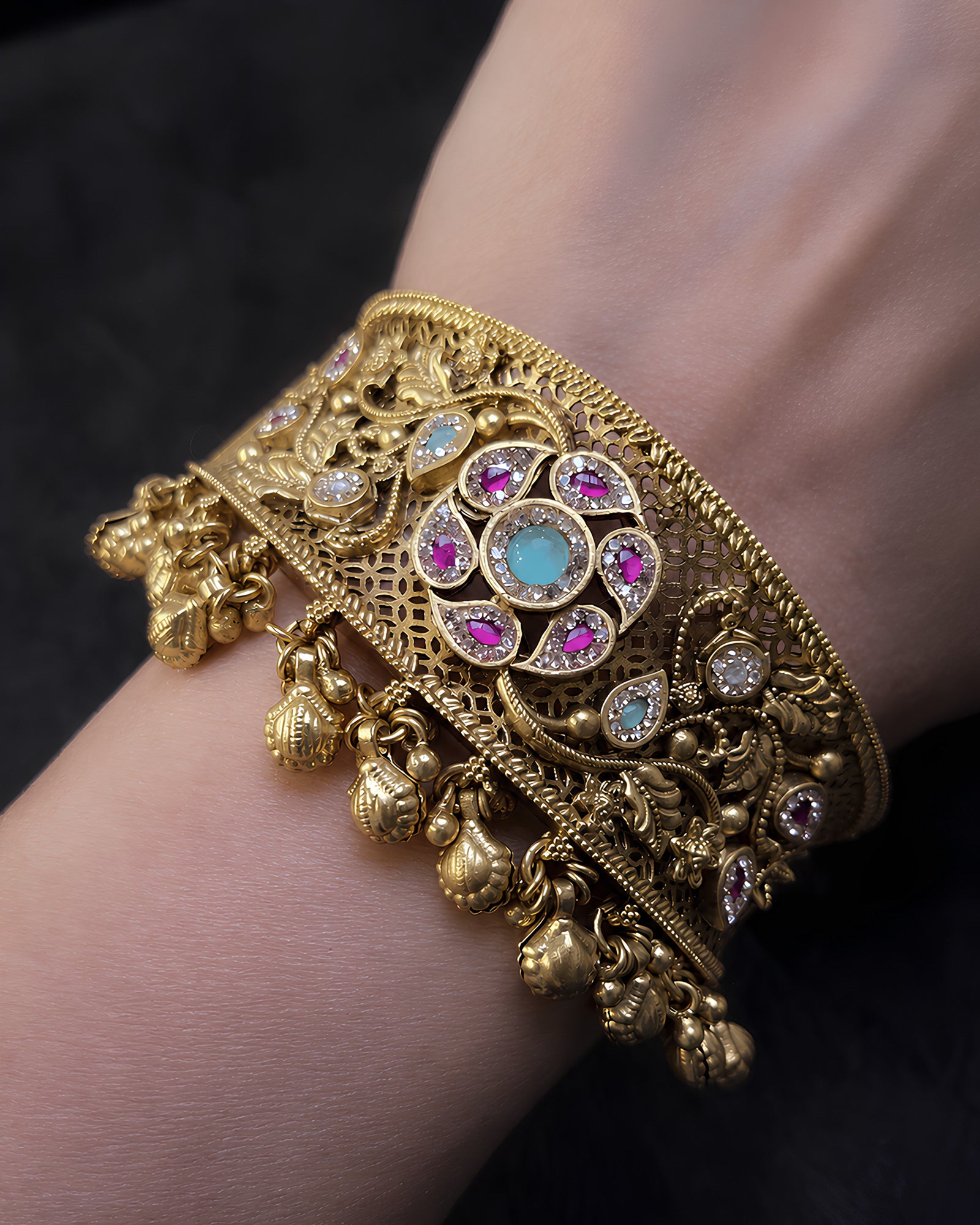 Gemstone-Embedded Floral Gold-Plated Kada
