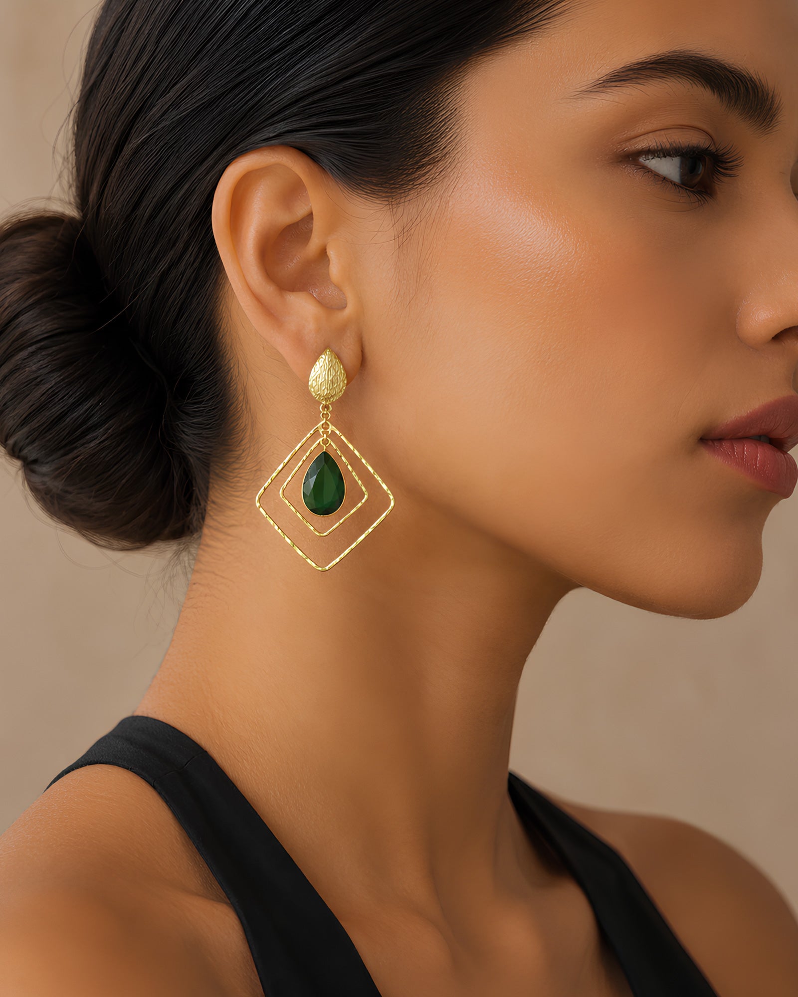 Geometric Diamond Emerald Stone Drop Earrings