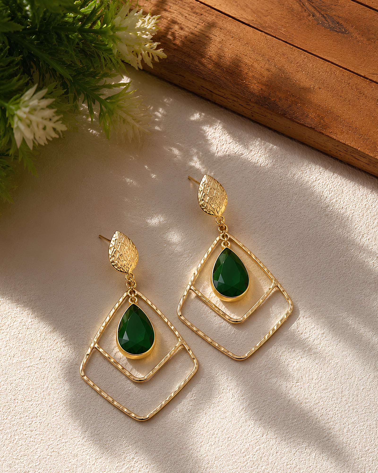 Geometric Diamond Emerald Stone Drop Earrings