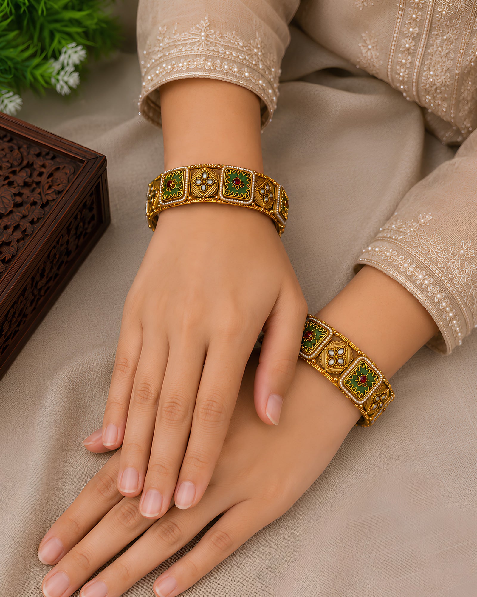 Geometric Enamel & Pearl Hinged Bangles