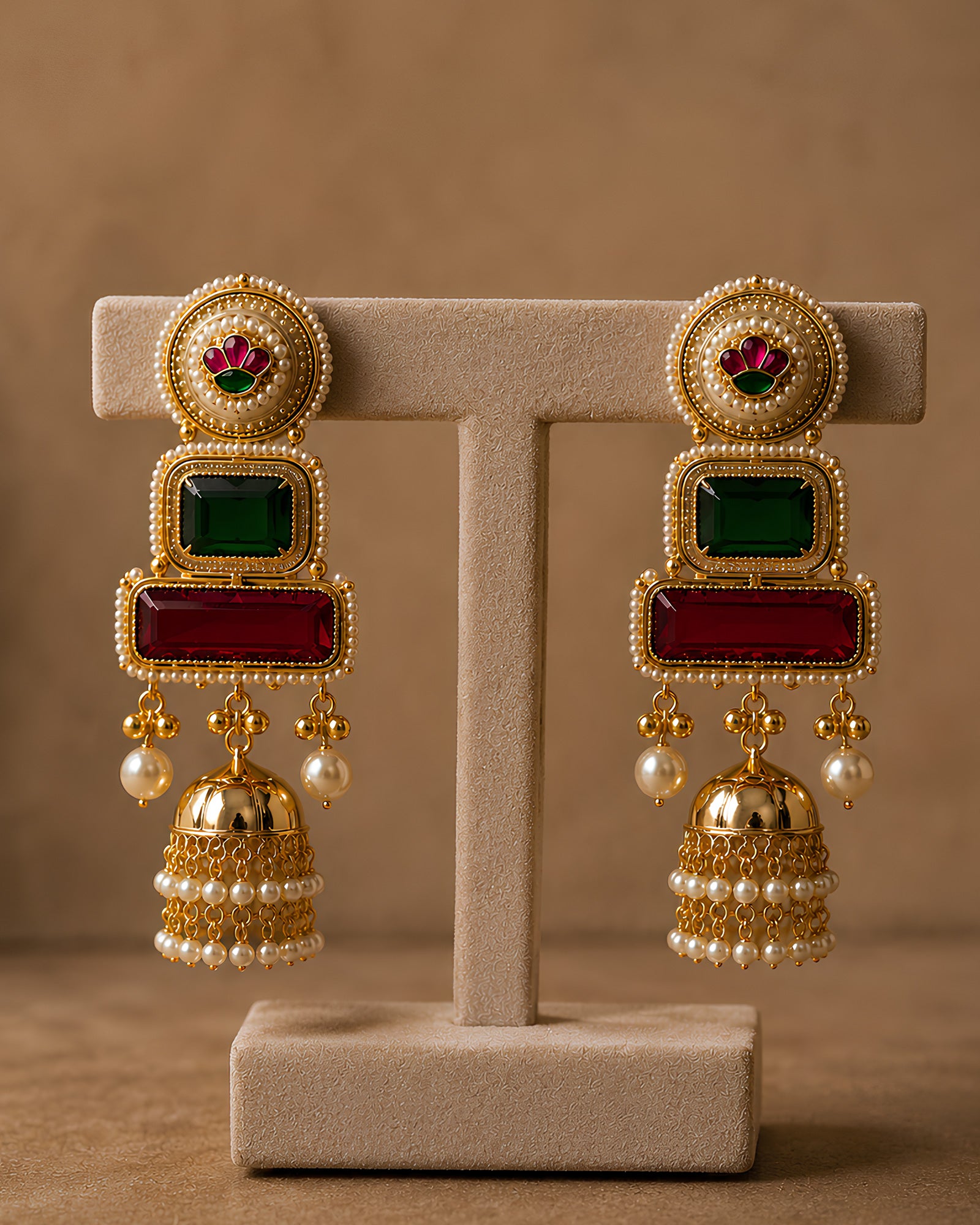 Geometric Gemstone & Pearl Jhumka Earrings