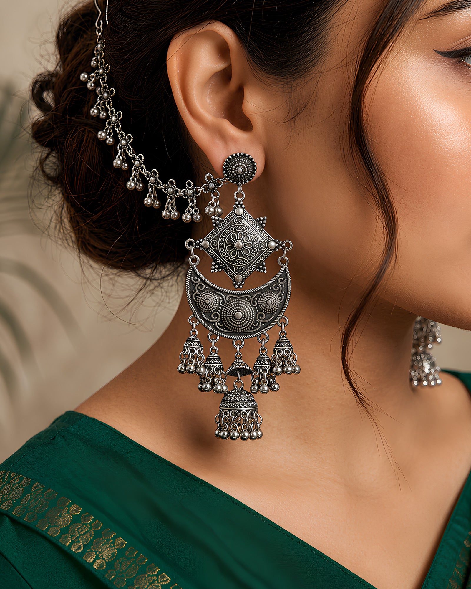 Geometric Moon-Crescent Bahubali Jhumka Earrings