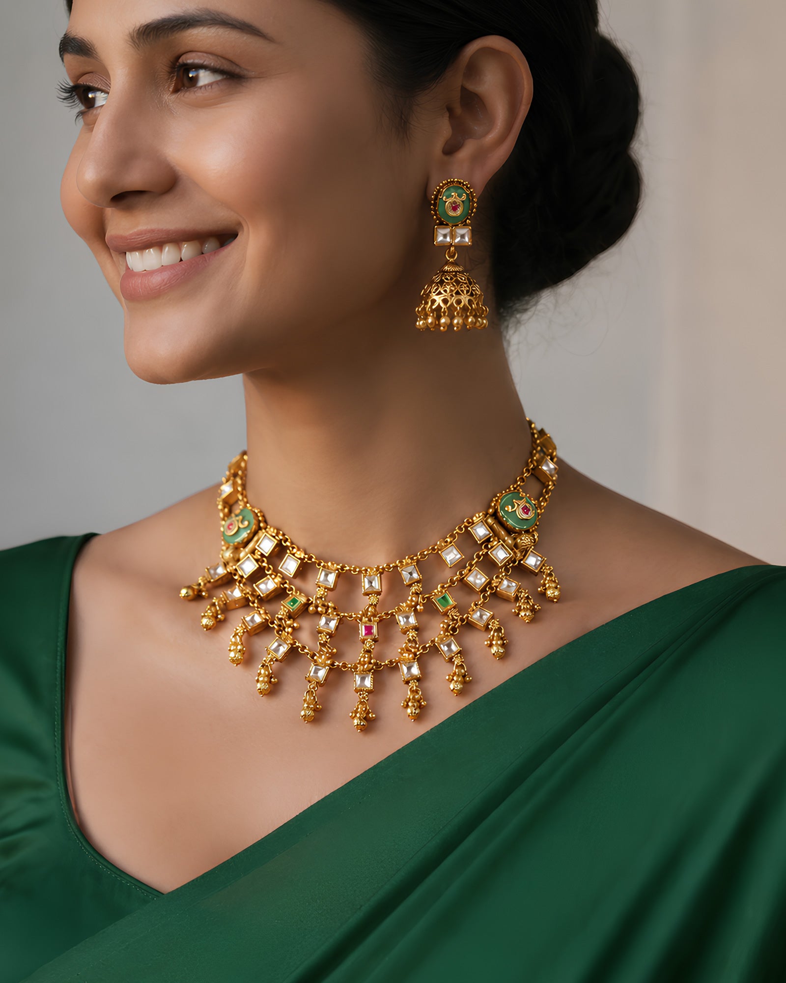 Geometric Polki & Enamel Jhumka Necklace Set