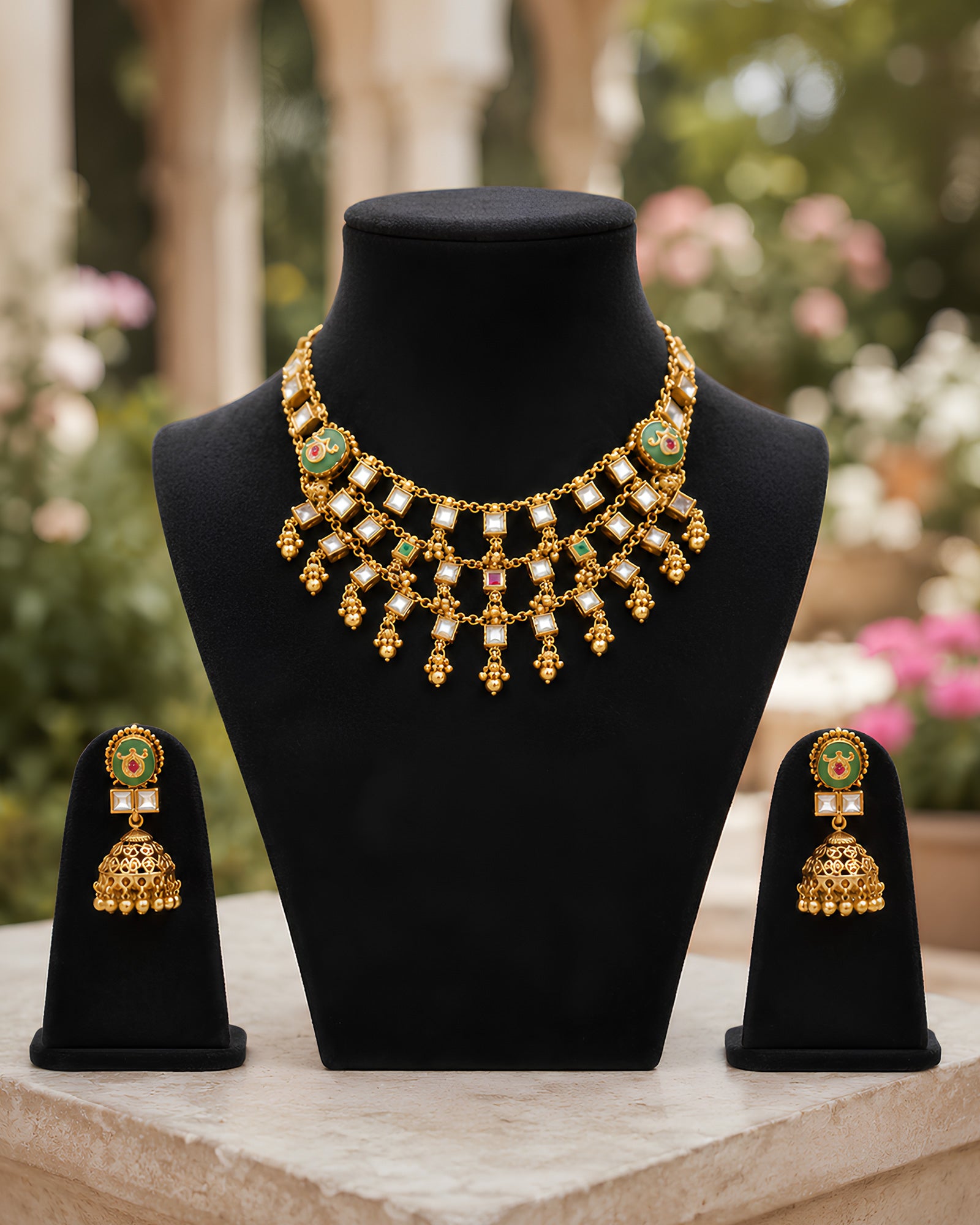 Geometric Polki & Enamel Jhumka Necklace Set