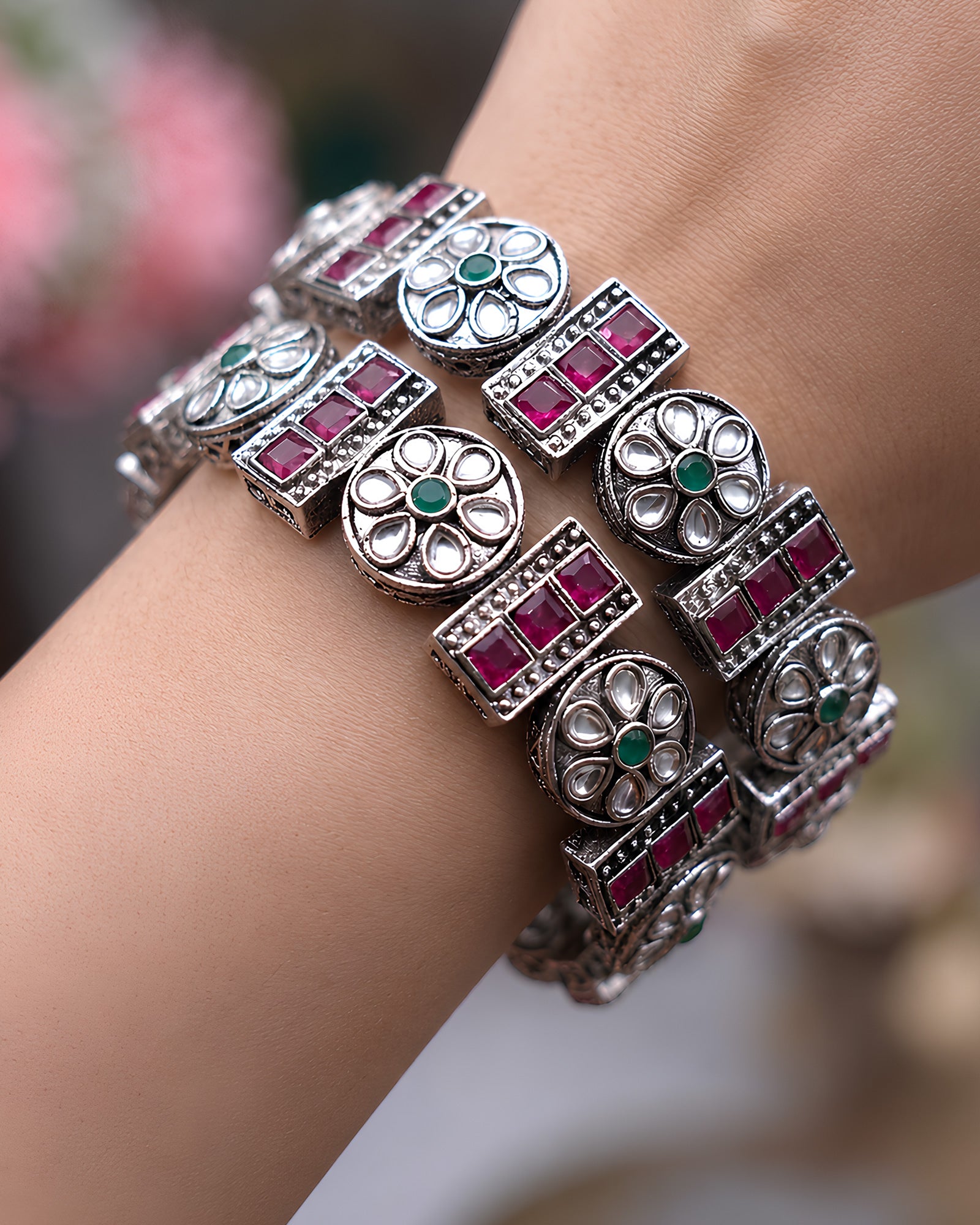Geometric Ruby & Floral Kundan Oxidized Bangles