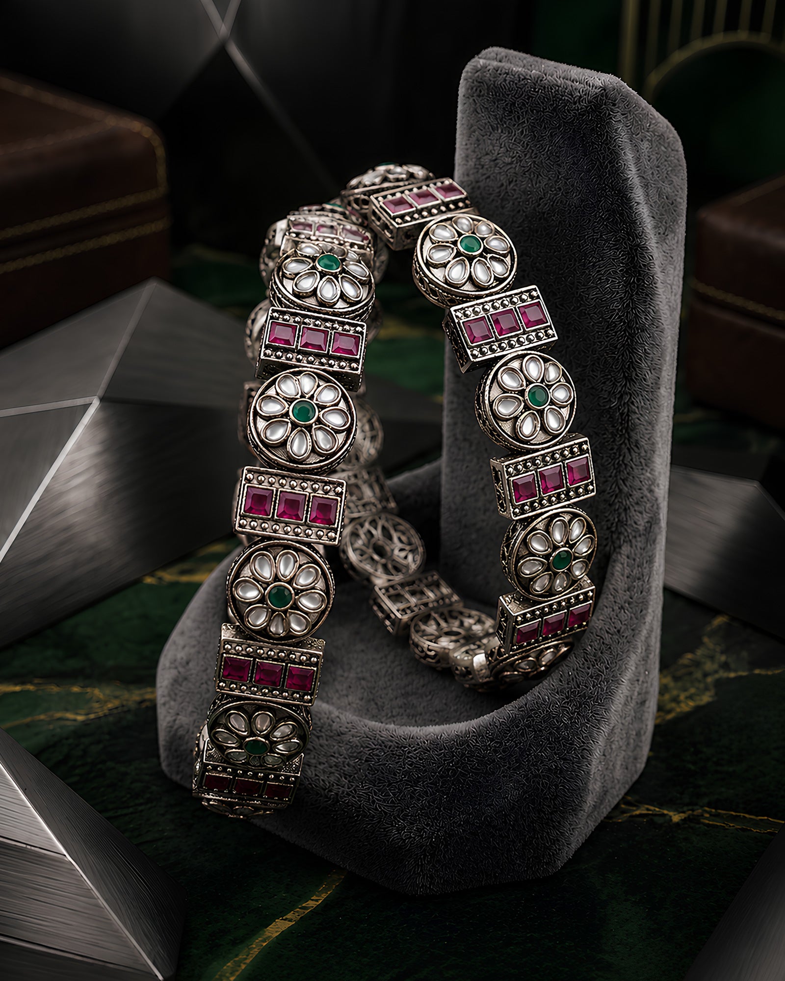 Geometric Ruby & Floral Kundan Oxidized Bangles