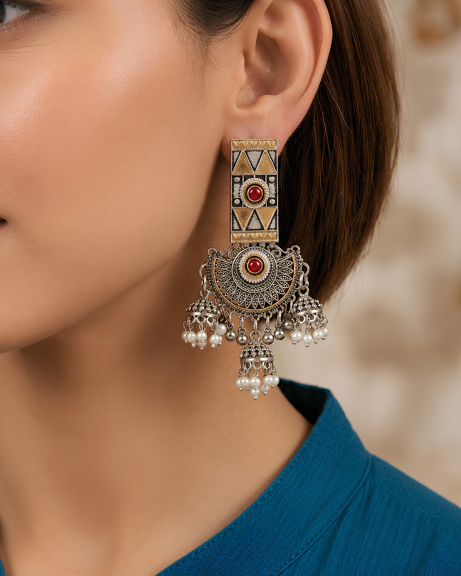 Geometric Stone & Pearl Chandelier Oxidized Earrings