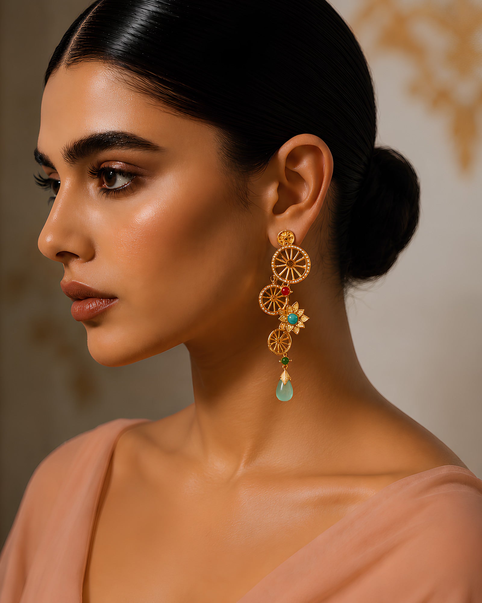Geometric Wheel & Floral Drop Earrings
