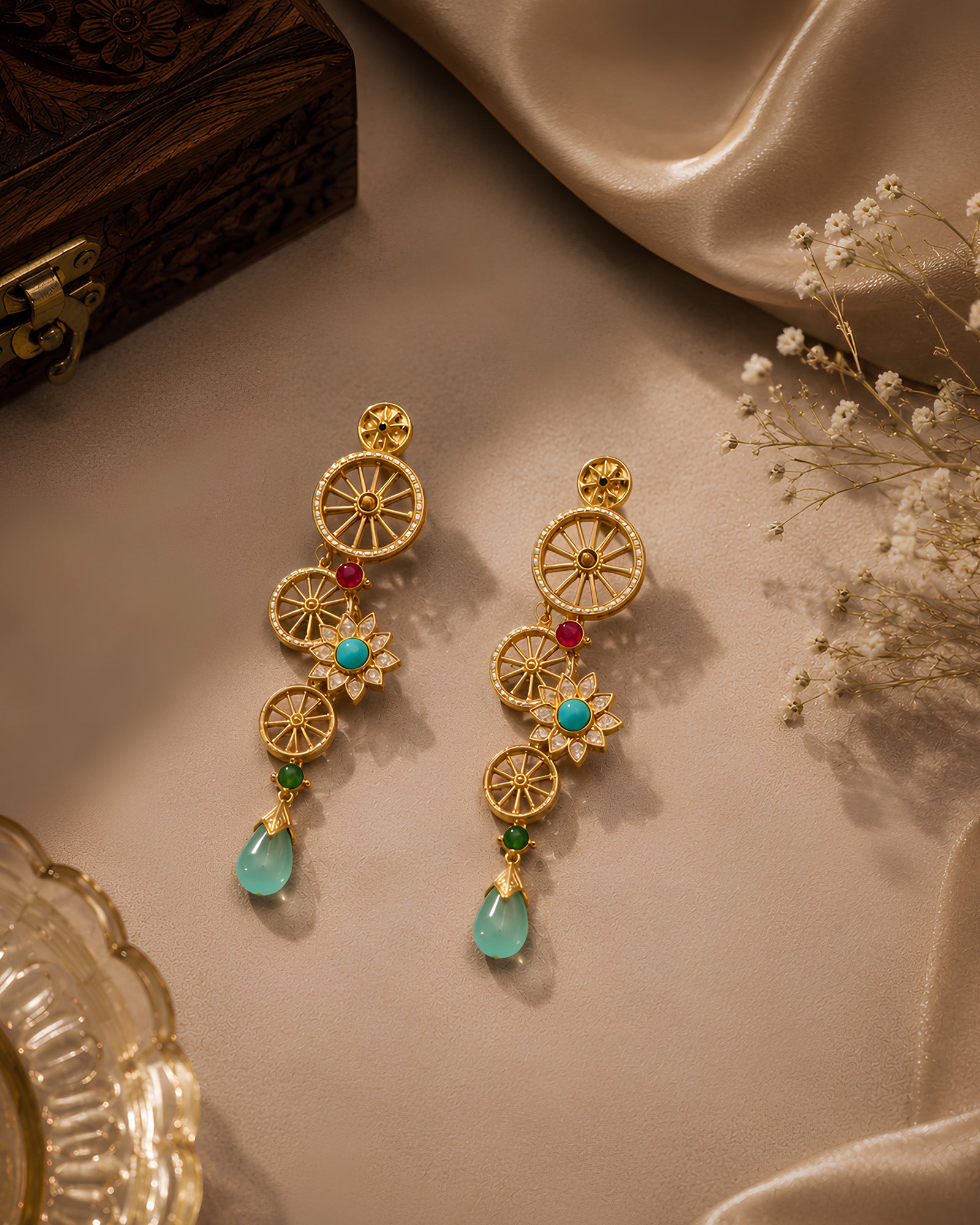 Geometric Wheel & Floral Drop Earrings