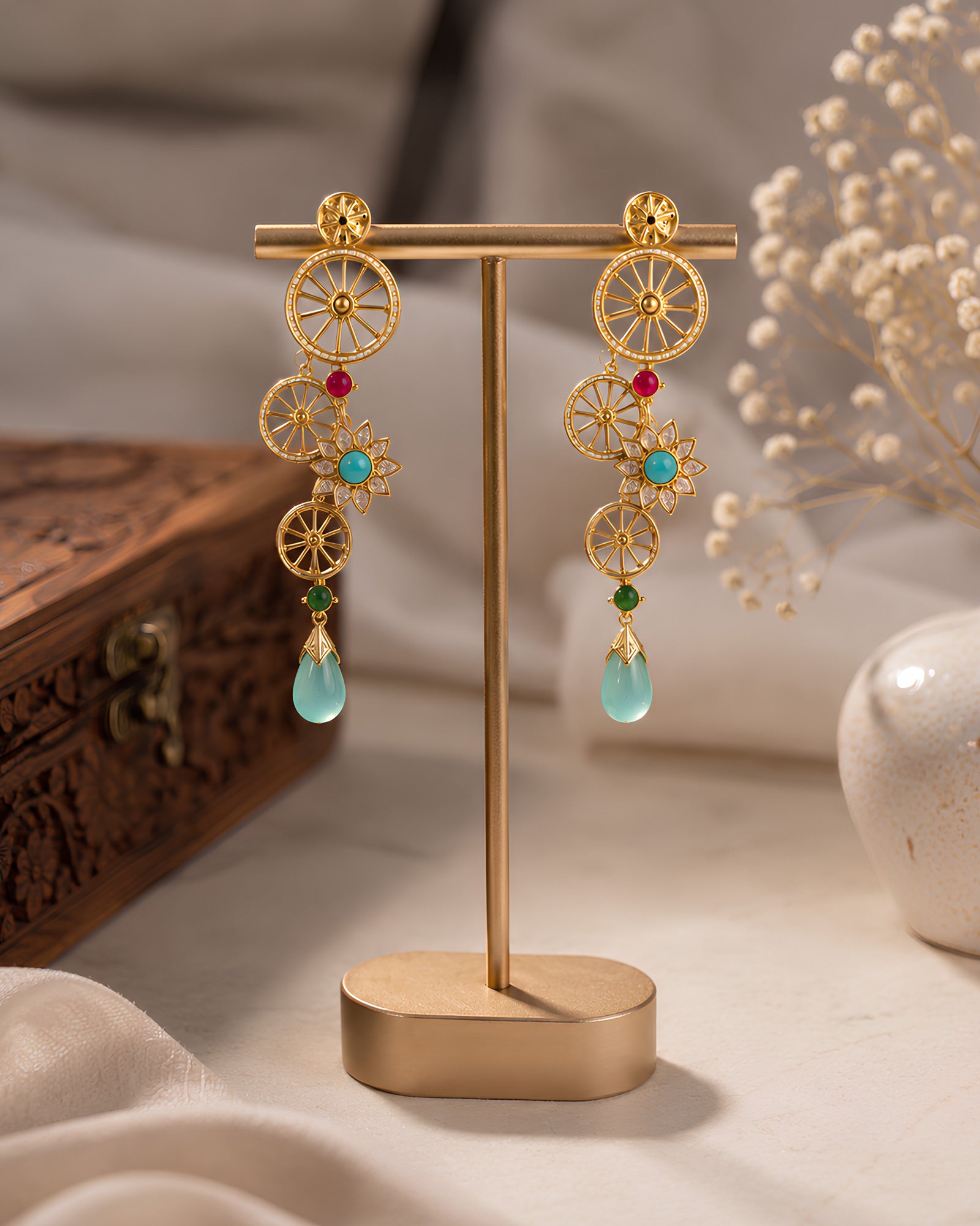 Geometric Wheel & Floral Drop Earrings