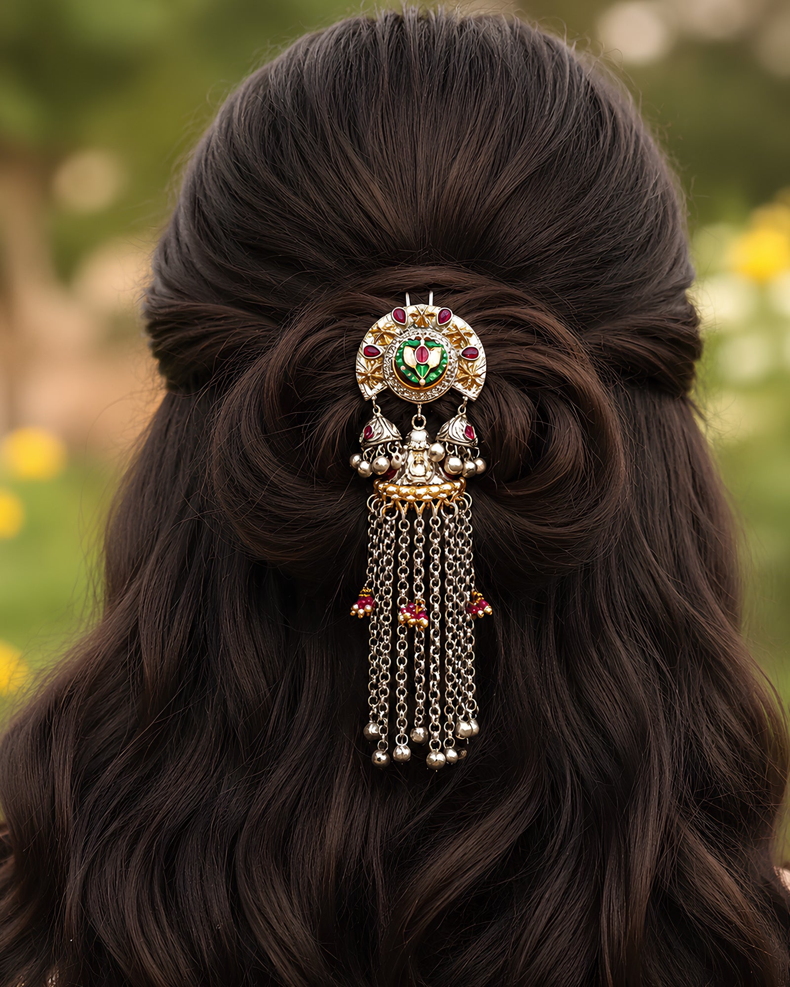 Goddess Lakshmi Crescent & Chain-Fringed Hair Pin