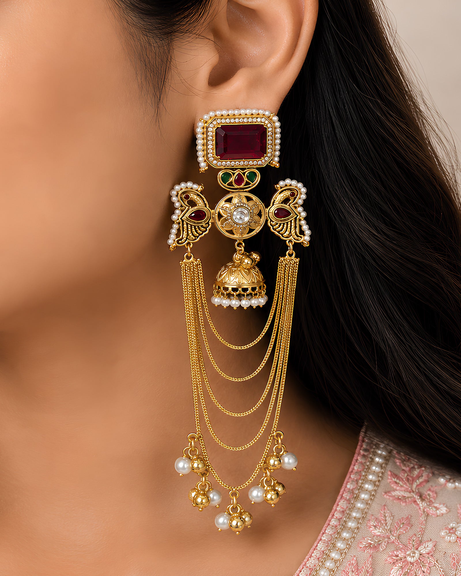 Gold-Plated Peacock & Jhumki Cascade Chain Earrings