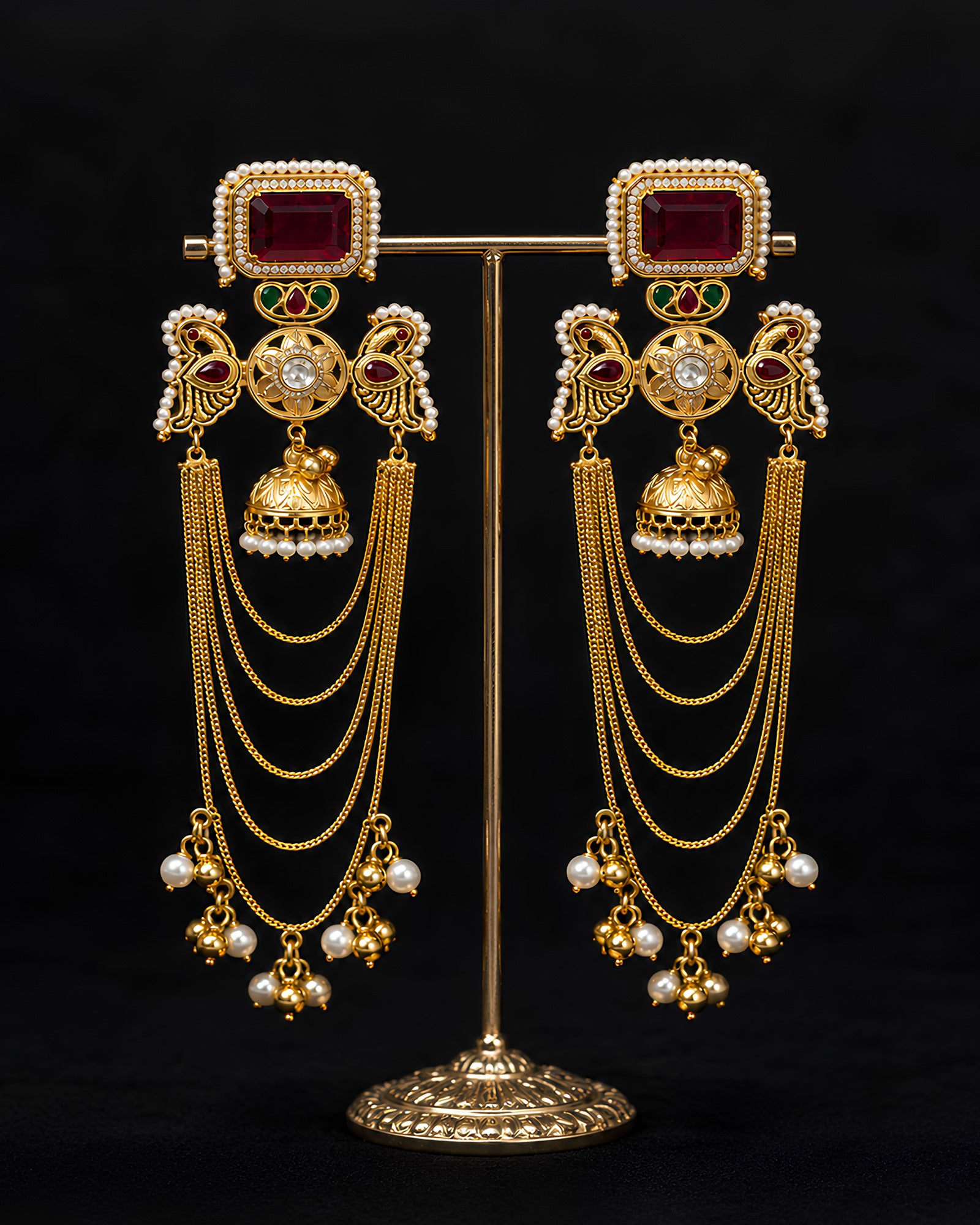 Gold-Plated Peacock & Jhumki Cascade Chain Earrings