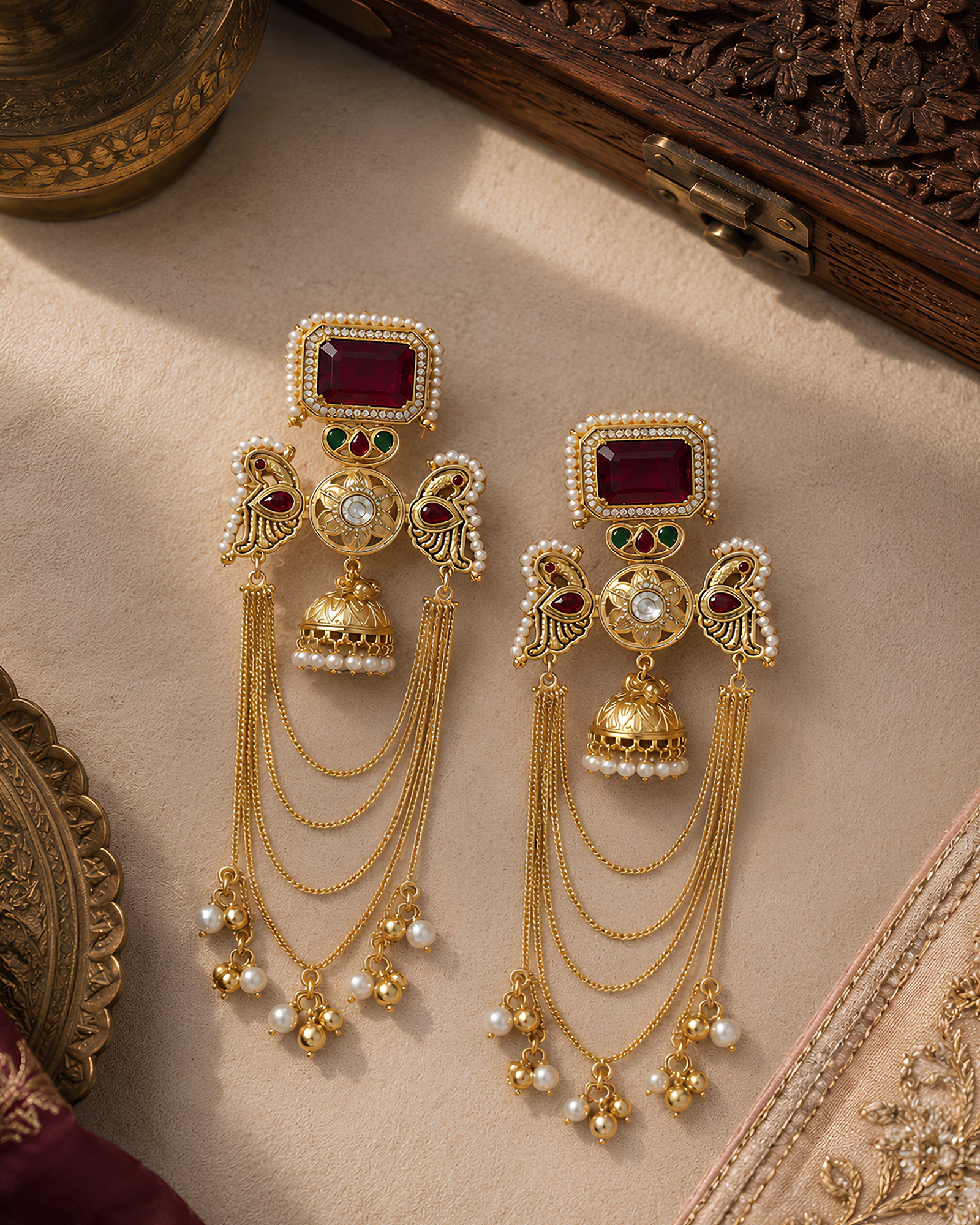 Gold-Plated Peacock & Jhumki Cascade Chain Earrings