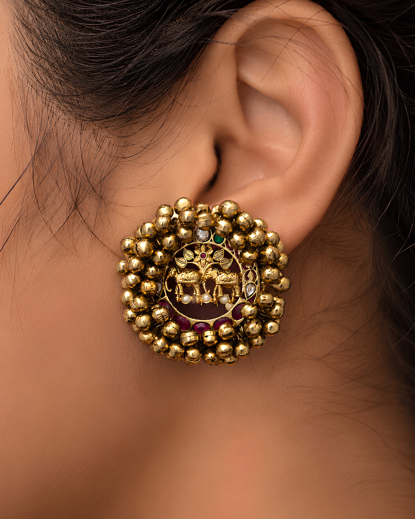 Golden Elephant Motif Ghungroo Stud Earrings