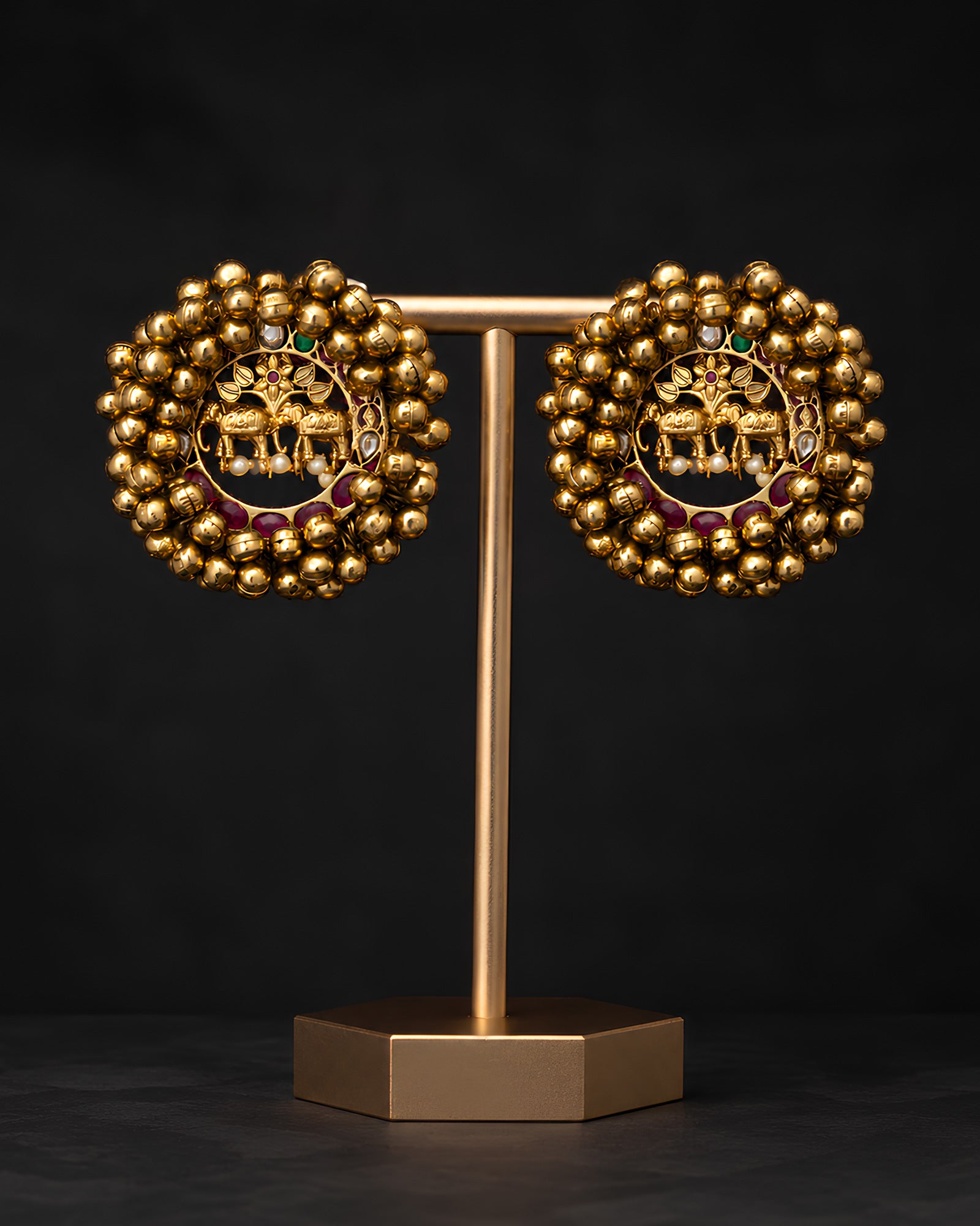 Golden Elephant Motif Ghungroo Stud Earrings